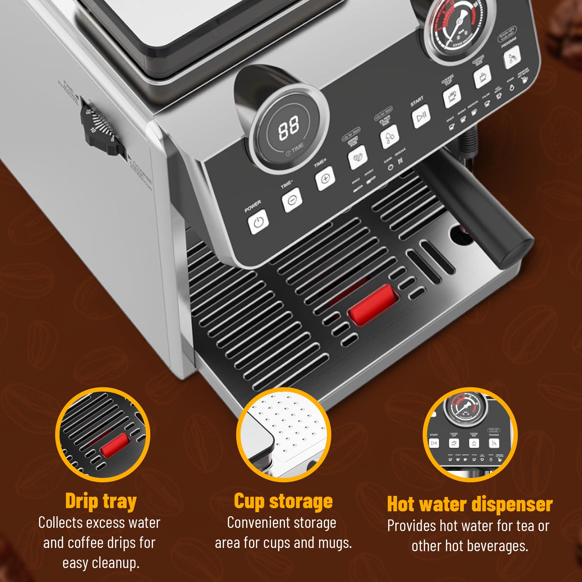 Professional GIANNA 20 Bar Espresso Machine with Built-in Grinder & Milk Frother - Removable Water Tank for Easy Cleaning - Perfect for Making Latte, Cappuccino at Home or Office - Compact Coffee Maker for Small Spaces & Daily Use