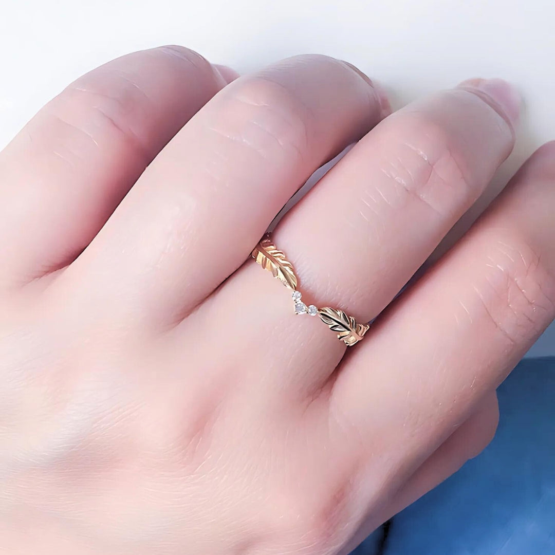 Dainty Gold Zircon Feather Leaf Ring for Women - Elegant 14K Gold Plated Leaf Design Ring with Cubic Zirconia Stones - Perfect for Weddings, Parties & Everyday Wear | TB572