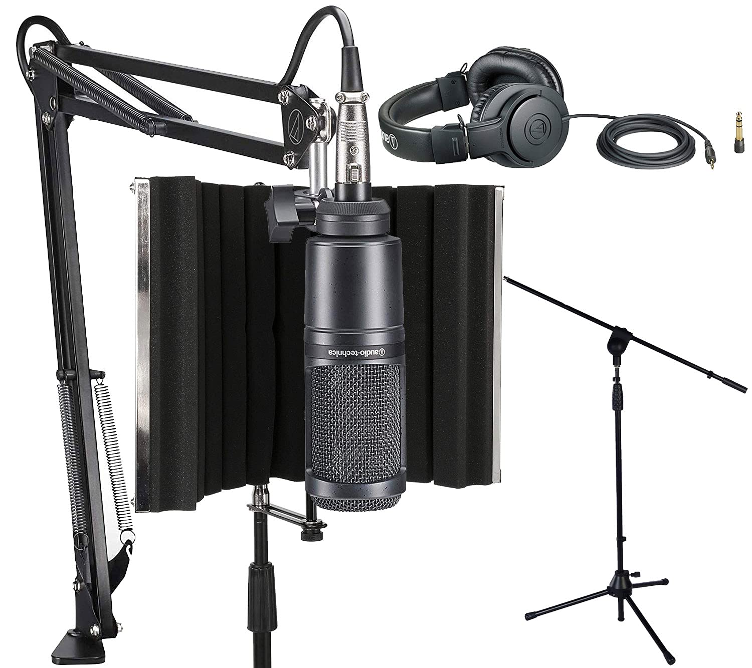 Audio-Technica AT2020 USB/XLR Vocal Microphone Kit with Boom Arm, Recording Headphones & LyxPro Isolation Shield - Professional Studio Mic Setup for Podcasting, Streaming, Voiceovers & Home Recording