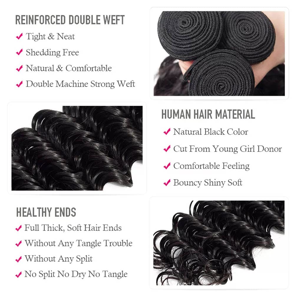 Mariska Deep Wave Brazilian Human Hair Bundles - 3 Bundles Unprocessed Virgin Remy Hair for Weaving (12/14/16 Inch, Natural Black) - Perfect for Wigs, Extensions & Protective Styles