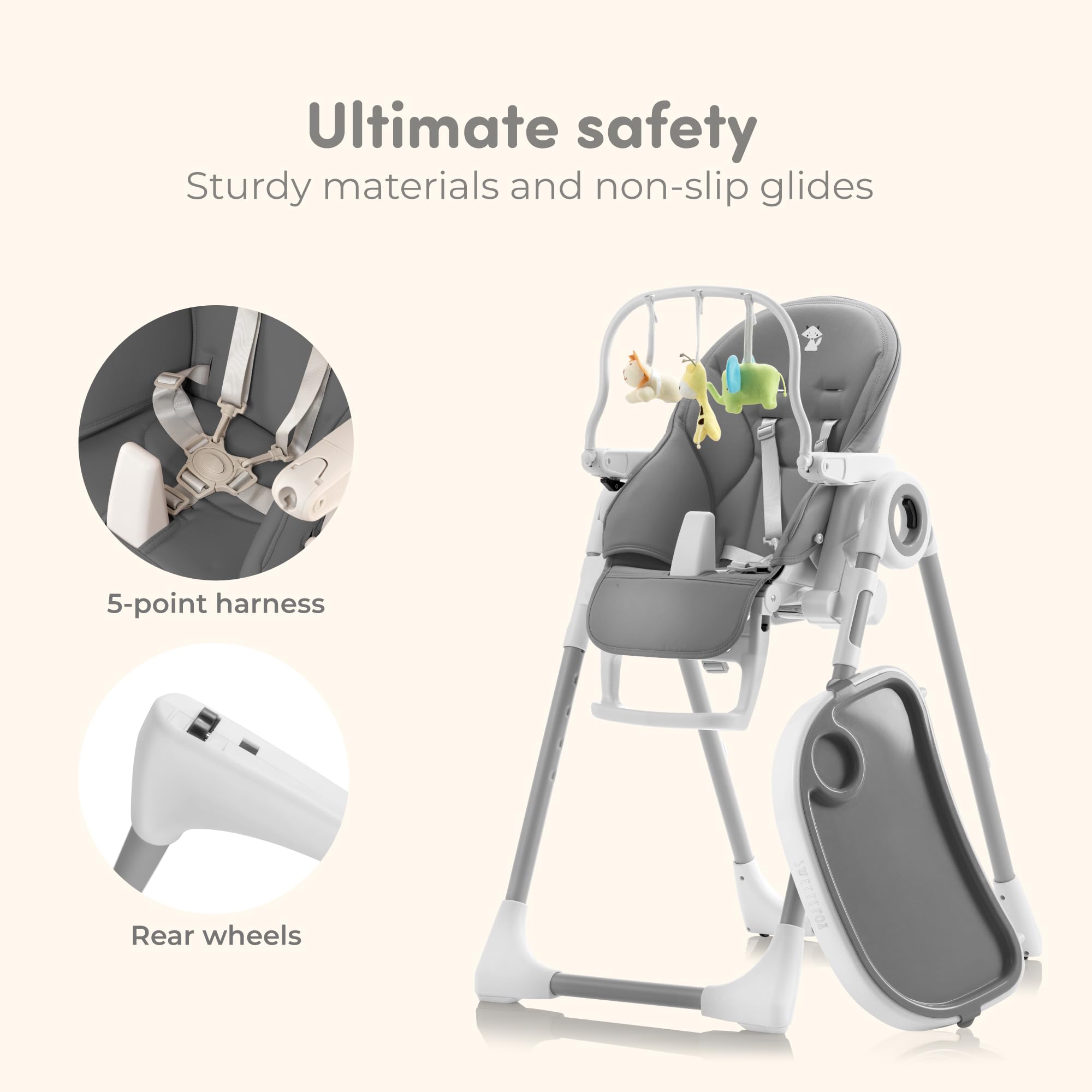 Sweety Fox Adjustable Baby High Chair - 7 Height Positions, Foldable Design for Infants & Toddlers - Dark Grey - Perfect for Dining, Feeding & Playtime at Home