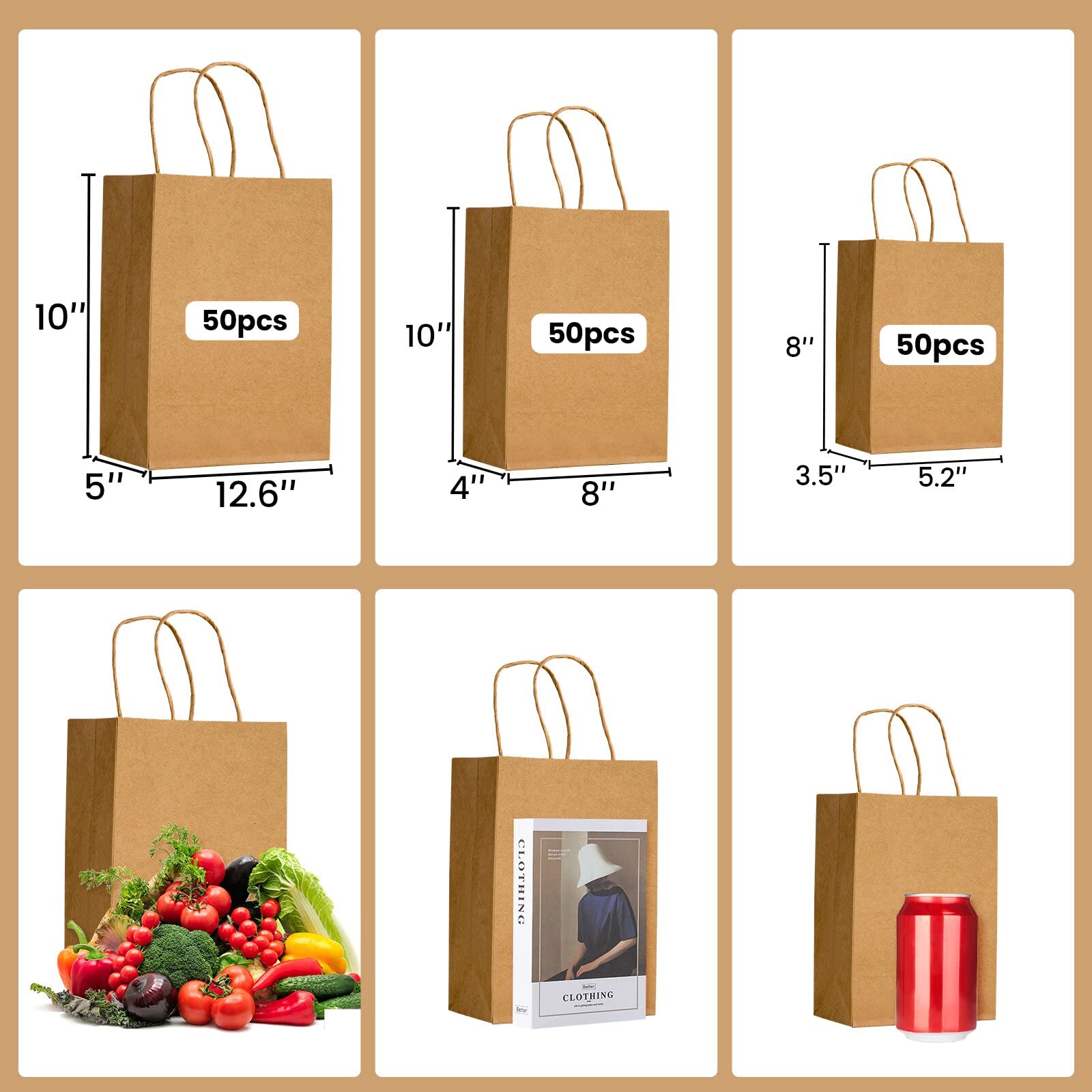 150pcs Brown Kraft Paper Bags with Handles - Mixed Size Bulk Gift Bags for Business, Retail, Parties & Favors | Eco-Friendly Shopping & Merchandise Bags for Stores, Events & Packaging