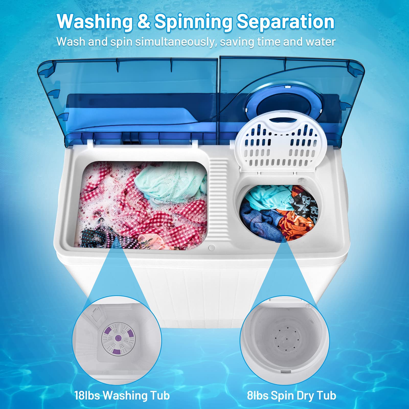 FP10355-BL Portable Washing Machine Compact & Energy Efficient - Perfect for Apartments, RVs, Camping & Small Spaces (Blue)