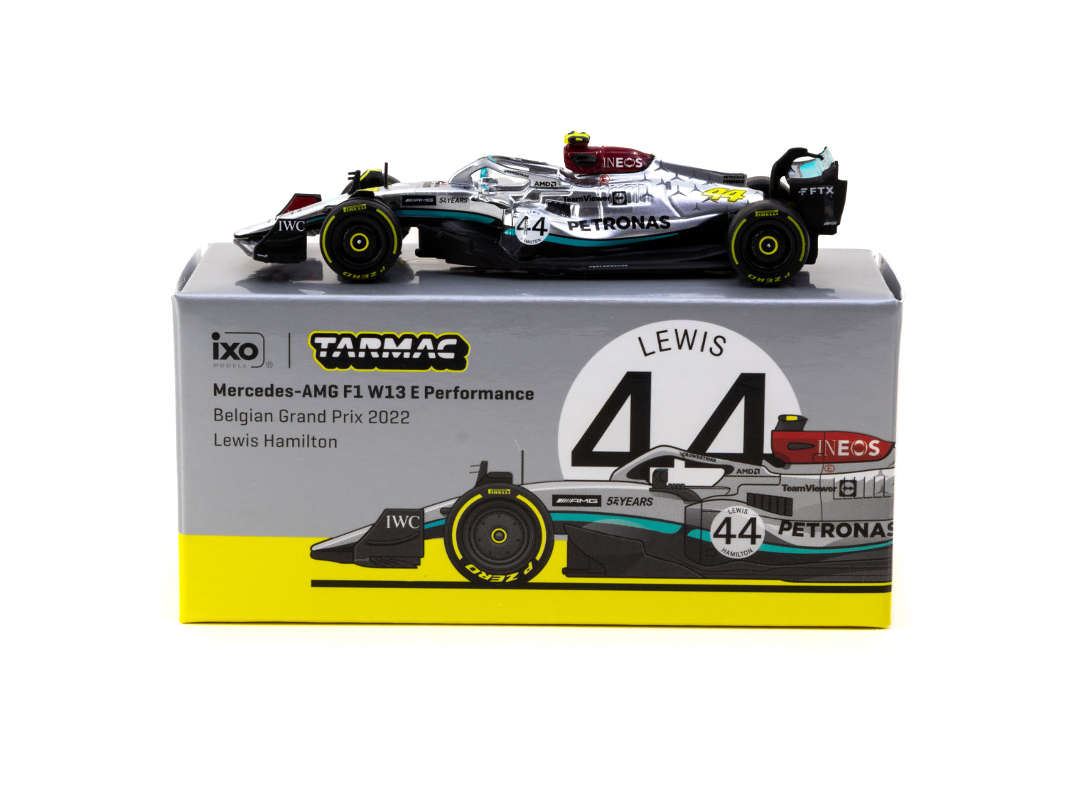 Tarmac Works 1/64 Scale Mercedes AMG F1 W13 E Performance Diecast Model Car - 2022 Belgian Grand Prix Edition - Lewis Hamilton #44 Collectible - Perfect for Racing Fans and Model Car Collectors