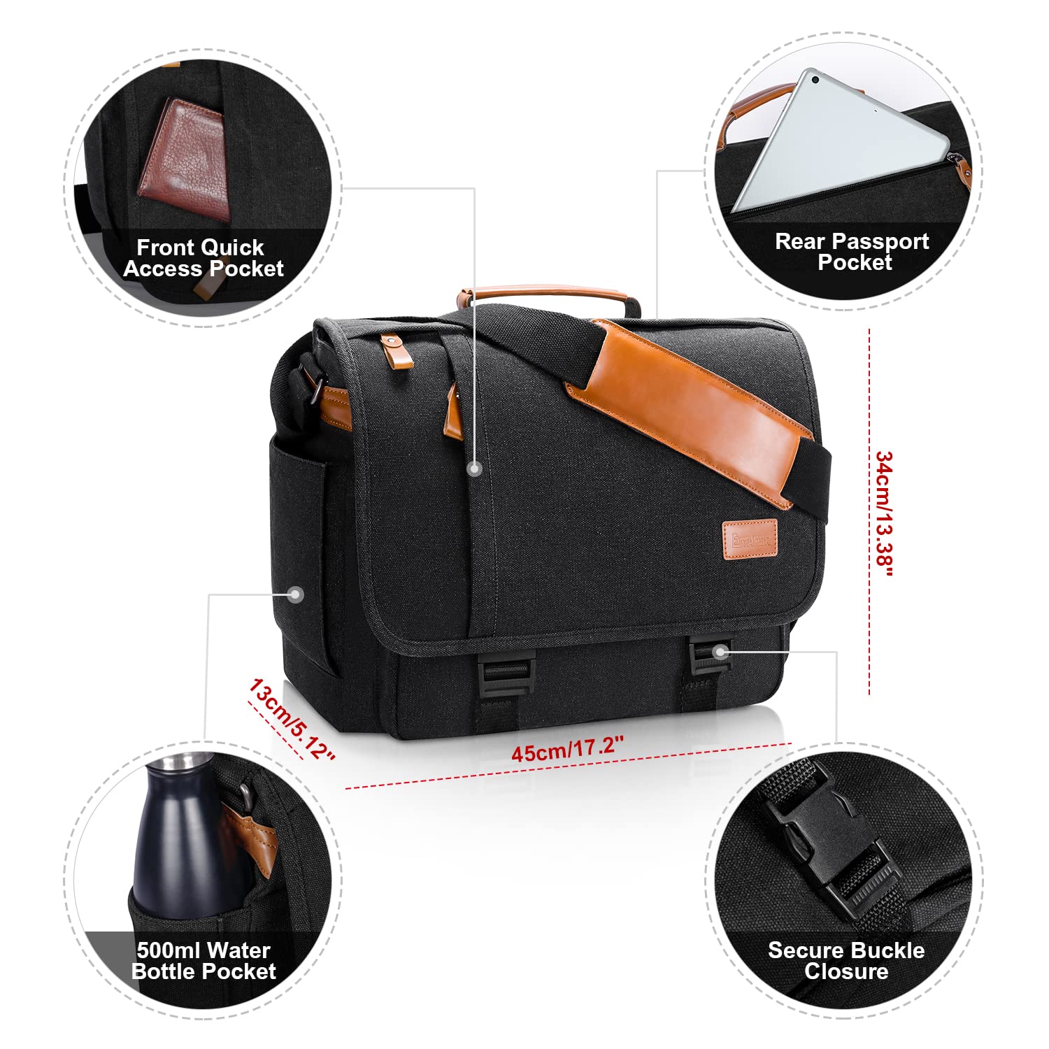 ESTARER 15.6 Inch Waterproof Canvas Messenger Bag for Men - Durable Laptop Shoulder Bag & Business Briefcase in Dark Grey - Perfect for Work, Travel & Daily Commute