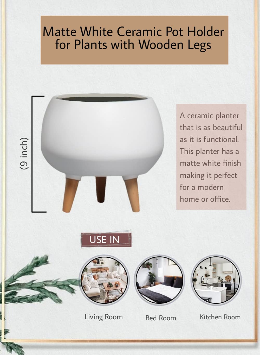 Serene Spaces Matte White Ceramic Plant Pot Holder with Wooden Legs – 9
