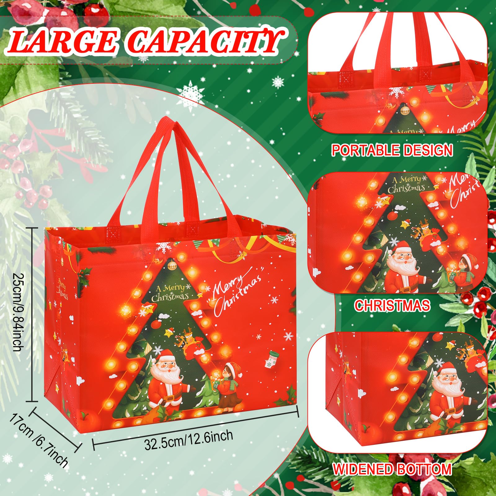 200 Pcs Christmas Gift Bags Bulk - Reusable Holiday Tote Bags with Handles for Xmas Presents, Party Favors & Grocery Shopping (Classic Style, Non-Woven Fabric)