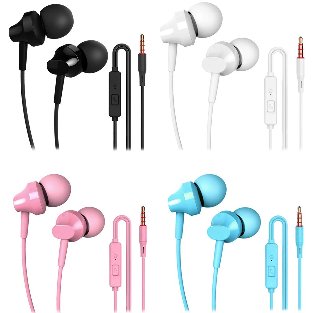 XHNFCU Stereo Earbuds with Mic - Noise Isolating In-Ear Headphones, HD Sound & Deep Bass, Compatible with iPhone, Android, Laptop, PC Gaming (4 Pack - Black/White/Pink/Blue) - Perfect for Workouts, Commuting & Online Meetings