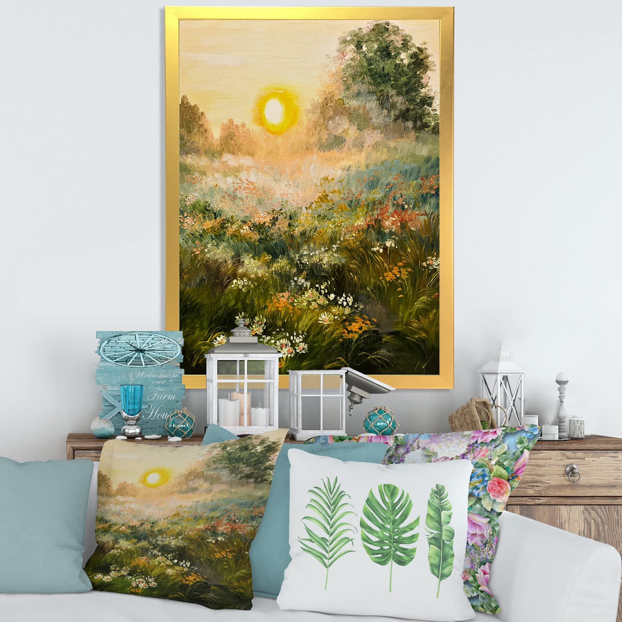 Sunrise In The Blossoming Field - Farmhouse Framed Wall Art Decor for Living Room, Bedroom & Office - Rustic Landscape Painting for Home & Office Interior Design