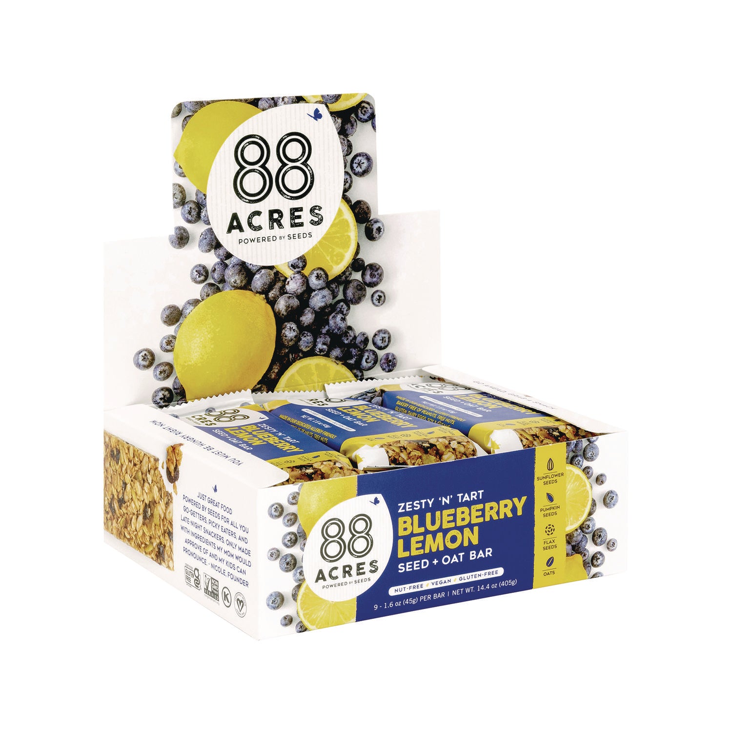 88 ACRES Warm 'N Chewey Gluten Free Blueberry Lemon Seed & Oat Bar - 1.6 oz (9 Pack) | Healthy Snack for Hiking, Work & On-the-Go Energy