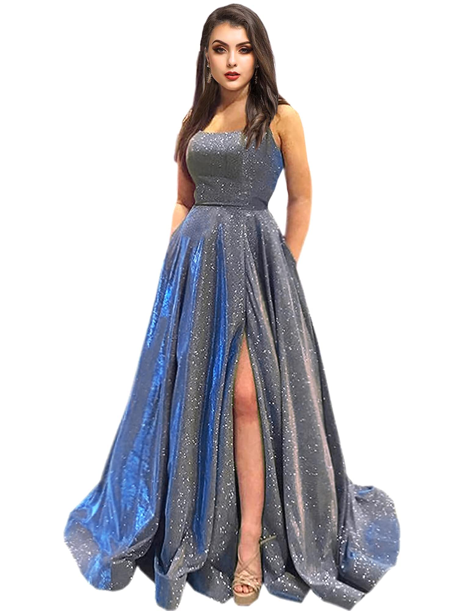 Topfountonart Women's Prom Dresses 2024 - Elegant Formal Evening Gown with Spaghetti Straps & Glitter Sequins, Pockets for Essentials | Perfect for Homecoming, Wedding Guest, Cocktail Party & Special Occasions