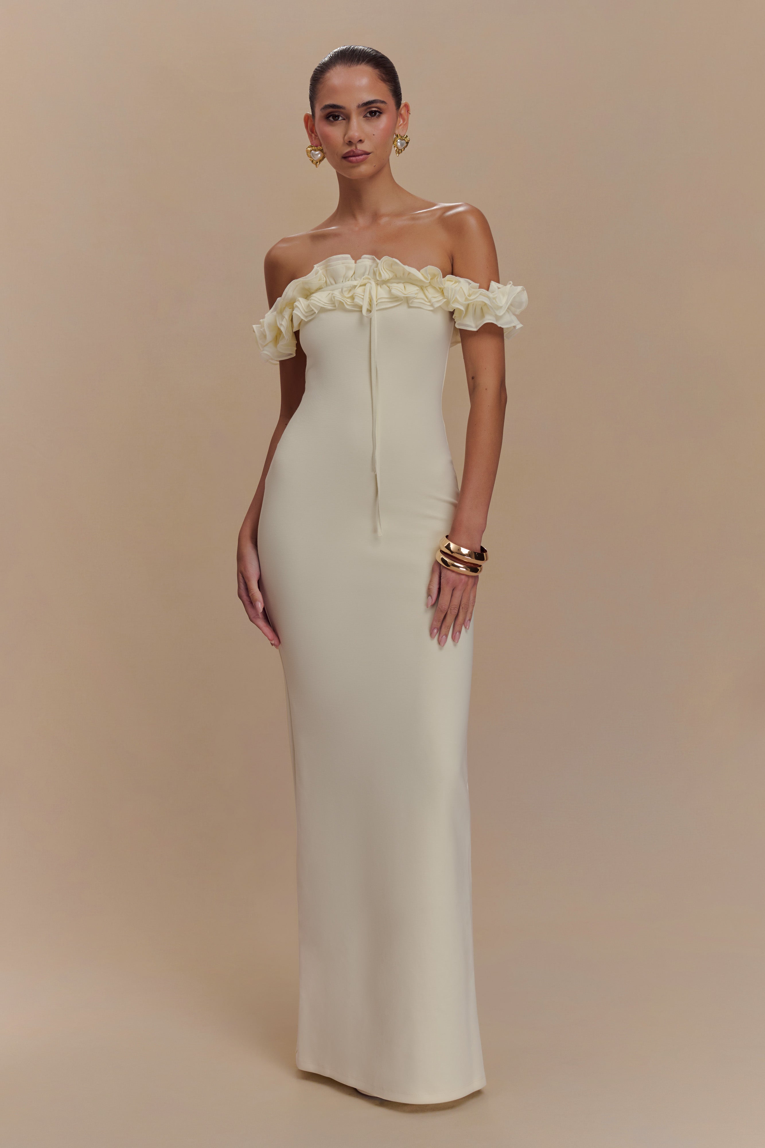 Nova Ruffle Off Shoulder Maxi Dress - Ivory Summer Beach Dress for Women, Elegant Long Dress for Wedding Guest, Vacation & Party Wear