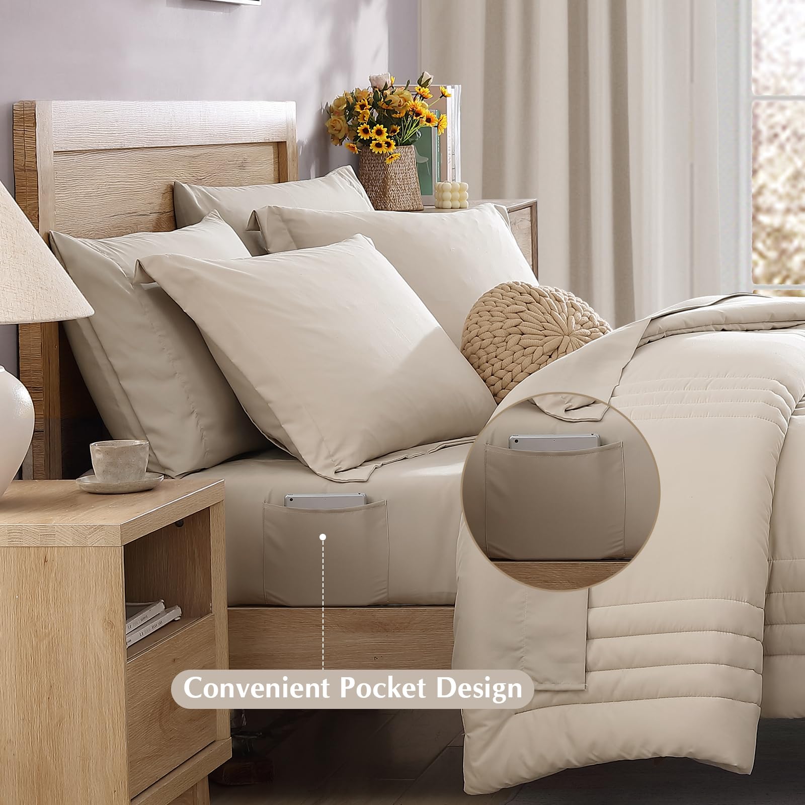 Monbix 7-Piece Full Comforter Set - Apricot Beige All Seasons Down Alternative Bedding | Includes Comforter, Sheets, Pillowcases & Shams | Perfect for Master Bedroom, Guest Room & Dorm Decor