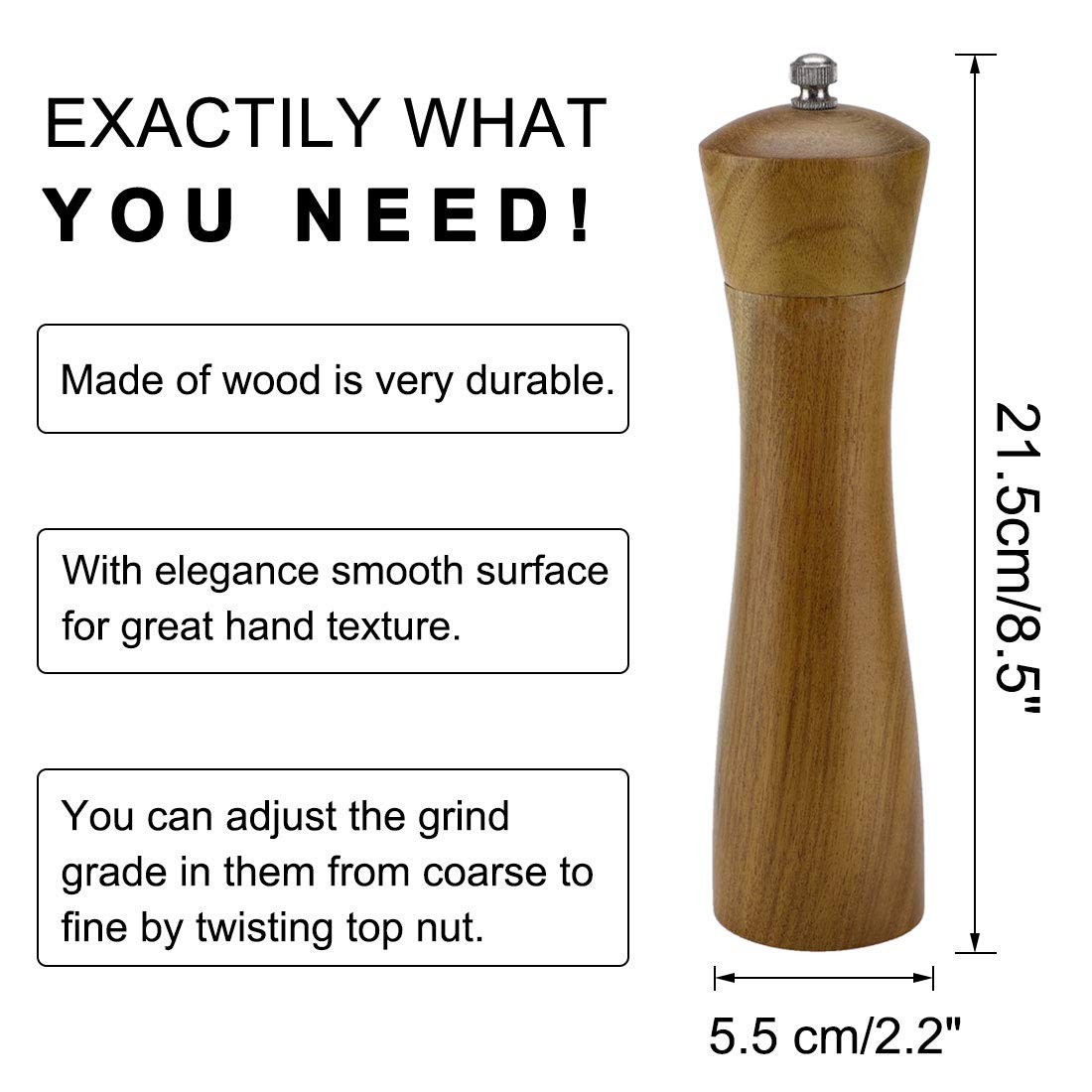Premium 8.5 Inch Wooden Salt and Pepper Grinder Set - Adjustable Coarseness for Freshly Ground Spices - Perfect for Kitchen, Dining Table & BBQ Seasoning