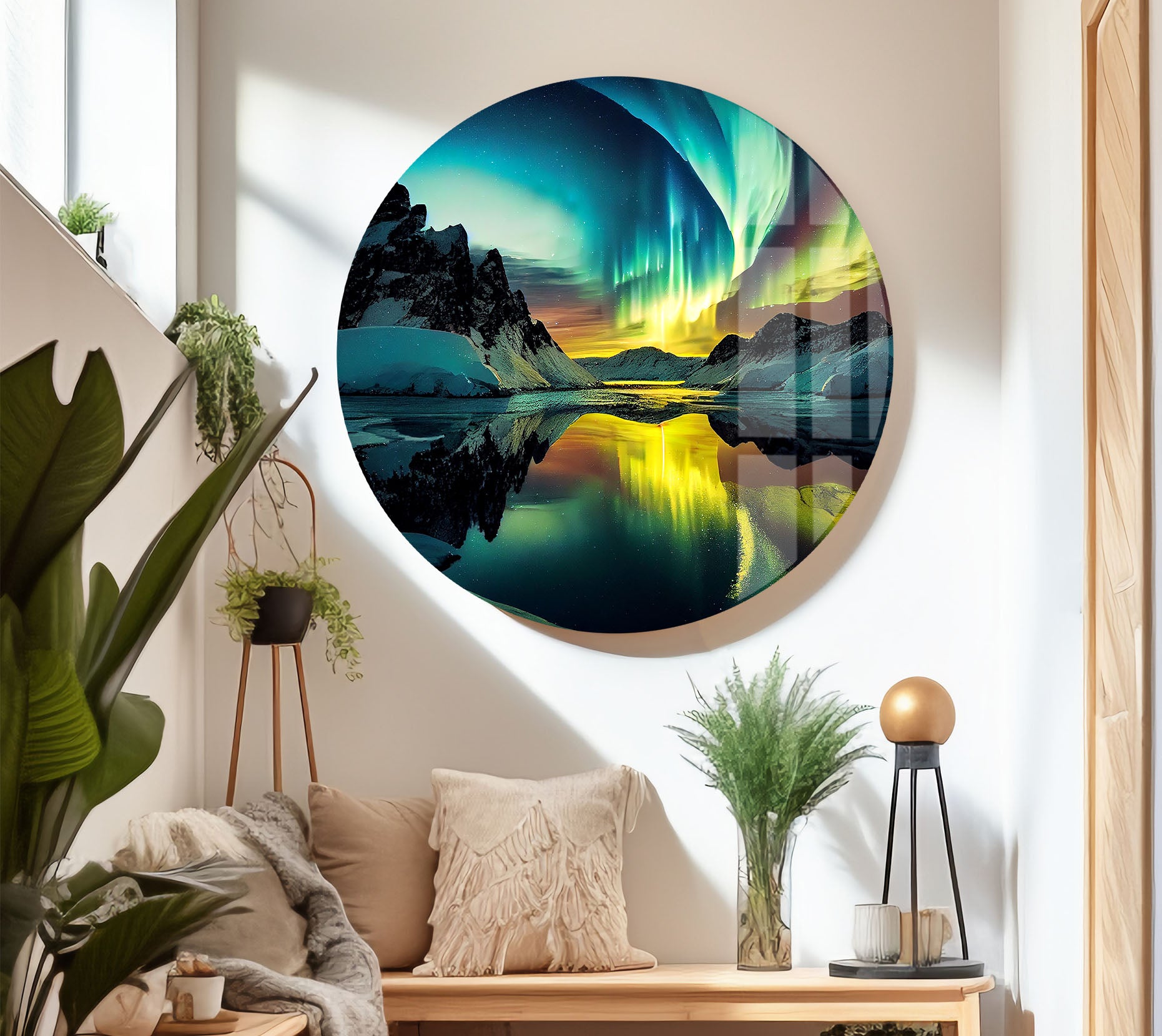 Aurora Borealis Glass Wall Art – Stunning Northern Lights Over Arctic Mountains – Perfect for Living Room, Bedroom & Office Decor