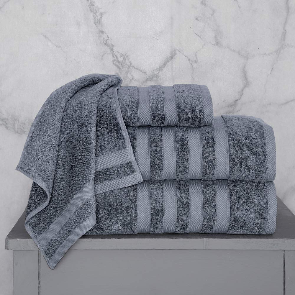 Luxury Italian Silk & Cotton Modal Bath Towel Set - 4 Piece Quick Dry Highly Absorbent Bathroom Towels (2 Bath Towels, 1 Hand Towel, 1 Washcloth) - Ultra Soft & Comfy for Spa, Hotel & Home Use - Grey