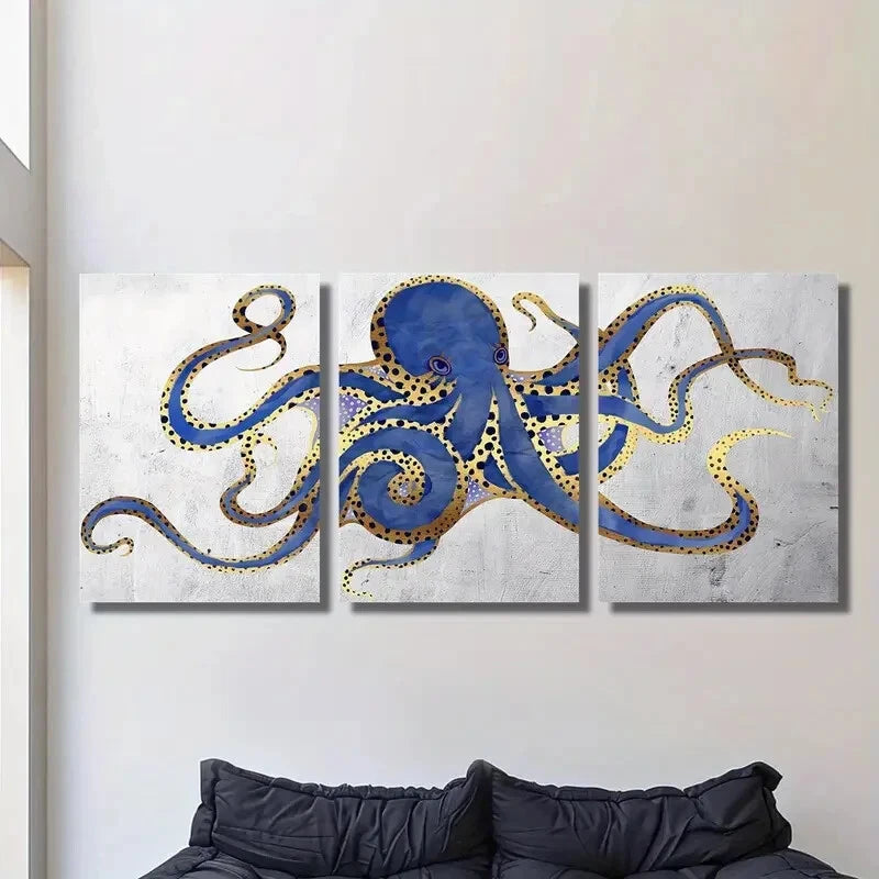 3-Piece Navy, Gold, Blue & Gray Abstract Octopus Metal Wall Art - Ready to Hang | Modern Ocean Theme Decor for Living Room, Bedroom or Office