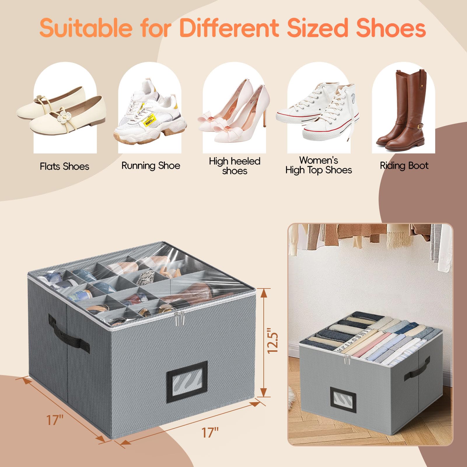 2 Pack Large Shoe Organizer for Closet - Fabric Storage Box with Clear Cover Holds 16 Pairs, Adjustable Dividers for Shoes, Handbags, Blankets & Clothing | Perfect for Bedroom, Walk-in Closet & Entryway Organization