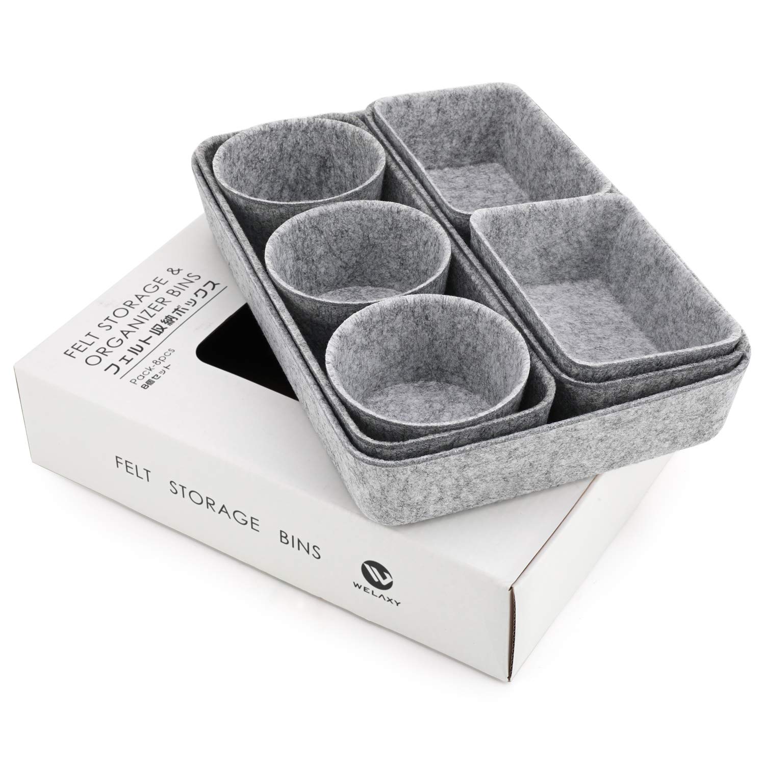 Welaxy 8-Piece Gray Felt Desk Drawer Organizer Trays - Shallow Dividers for Office Supplies, Jewelry, Watches - Multi-Purpose Storage Solution for Home & Office Organization