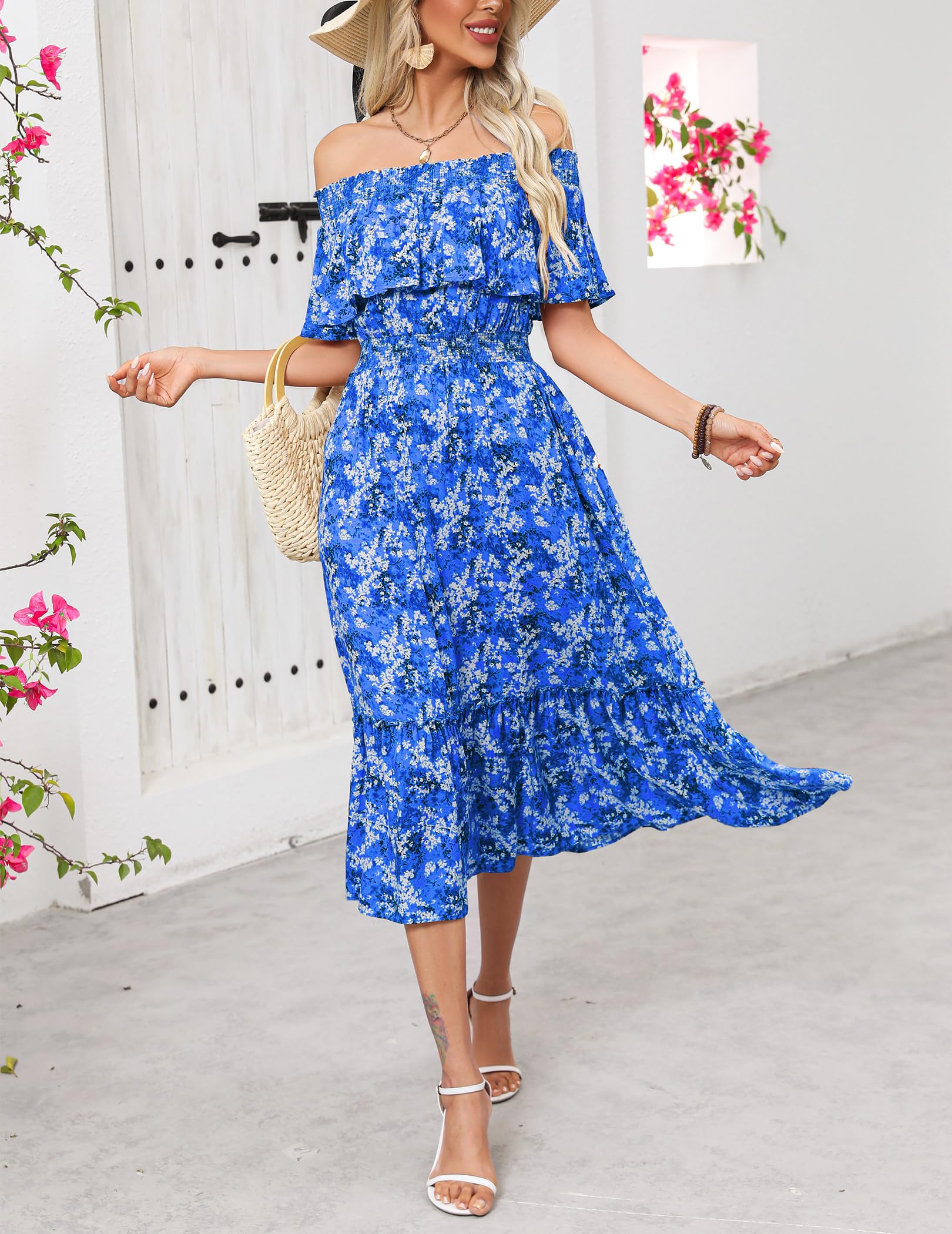 Prettywear Women's 2025 Spring Summer Boho Off Shoulder Midi Dress - Floral Print Short Sleeve A-Line Casual Beach Dress for Vacation, Party & Date Night | Plus Size Options Available