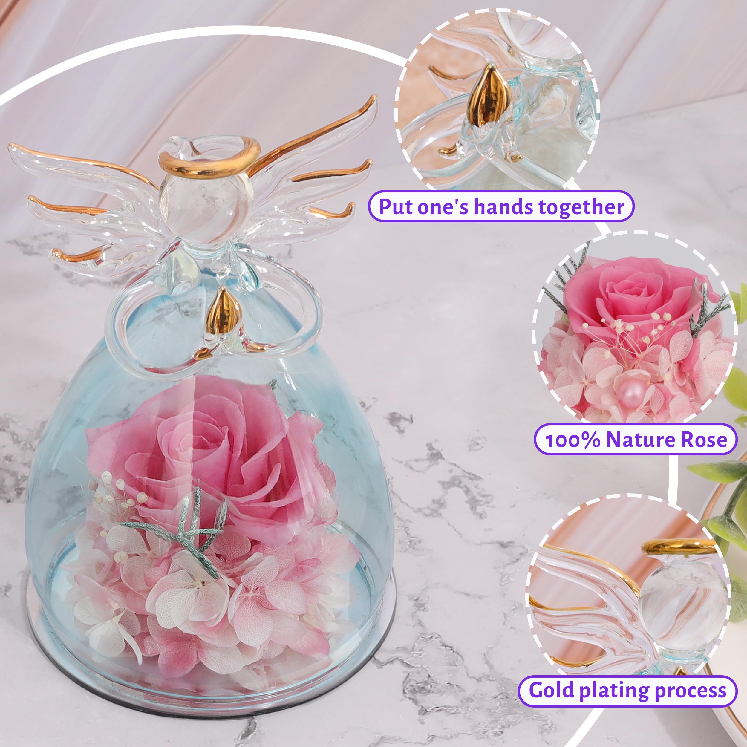 ANLUNOB Preserved Rose in Glass Dome with Angel Figurine - Romantic Birthday Gift for Women, Wife & Girlfriend | Eternal Pink Rose Flower Keepsake for Home Decor, Wedding Anniversary & Valentine's Day Present