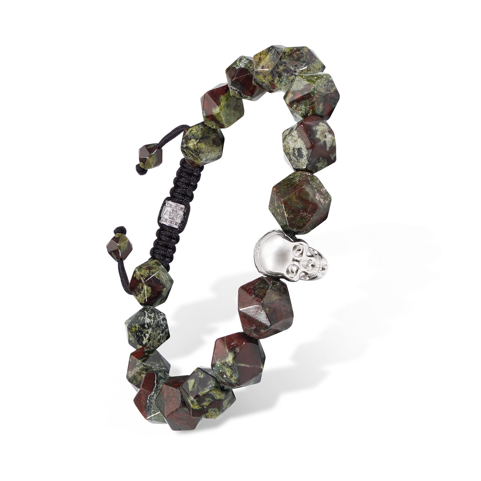 Men's Adjustable Dumortierite & Dragon Blood Jasper Beaded Bracelet with Sterling Silver Skull Charm - 10mm Natural Gemstone Braided Bracelet Gift (6.1-7.9 inches) for Spiritual Healing, Meditation & Fashion Accessories