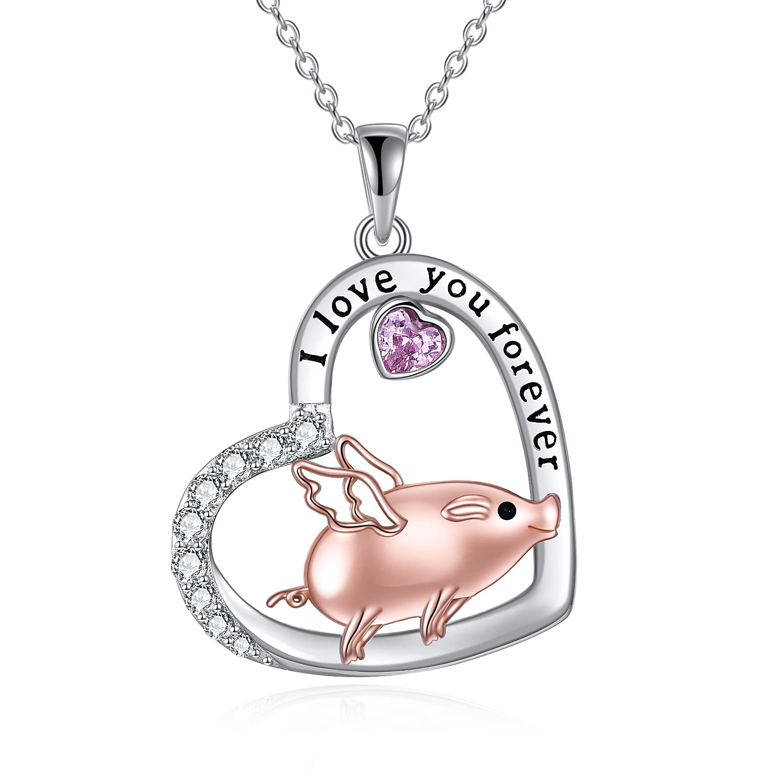 POPKIMI 925 Sterling Silver Animal Pendant Necklace - Cute Pig, Horse & Unicorn Charms with Heart I Love You Forever Jewelry for Women, Wife, Daughter | Perfect Gift for Birthday, Anniversary & Valentine's Day