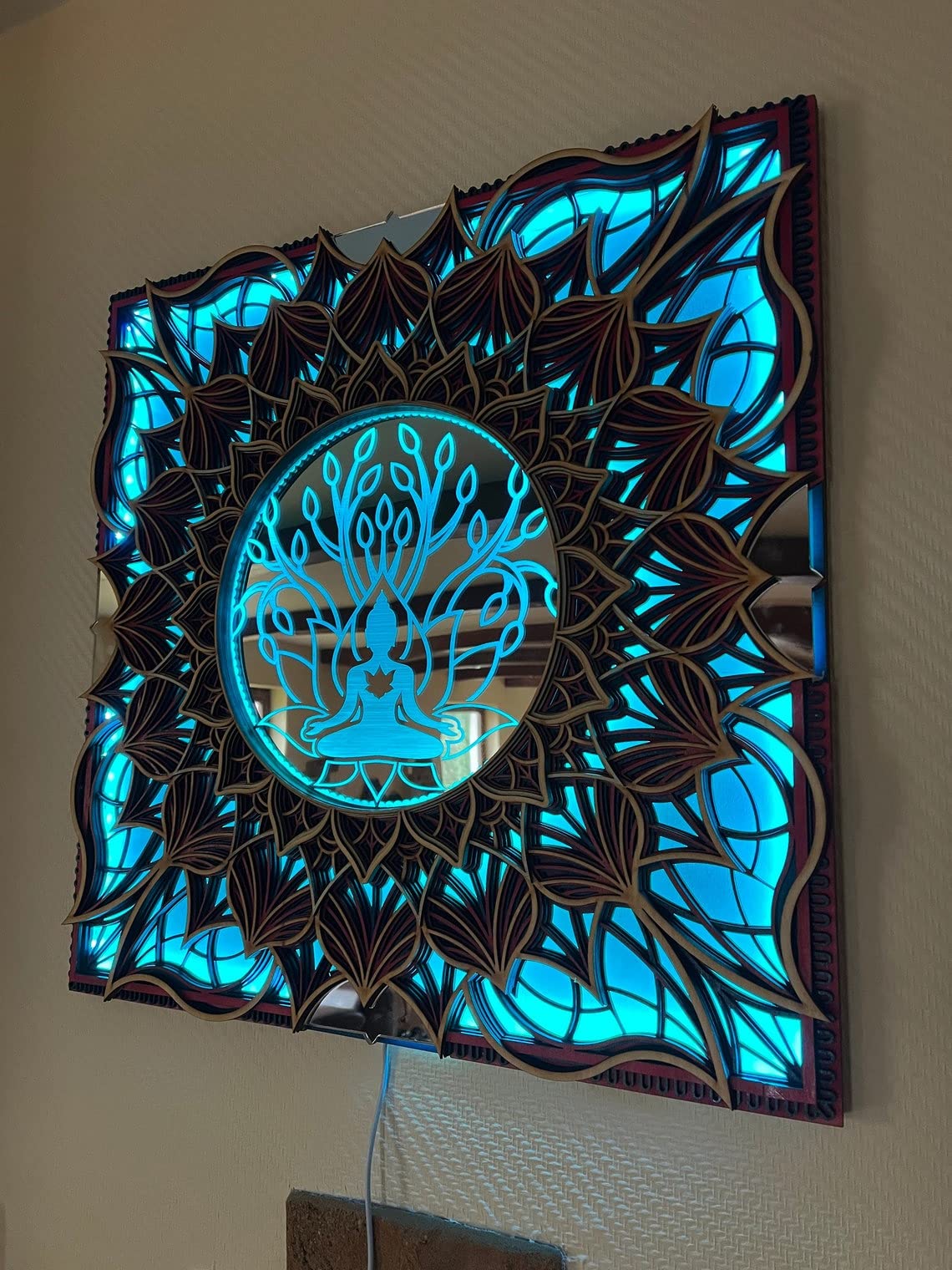 BHDecor Glowing Wall Art - Laser Cut LED Wooden Mandala Hanging Panel with Remote Control, 22.8x22.8 inch (58cm) - Perfect for Bedroom, Living Room & Meditation Space Decor