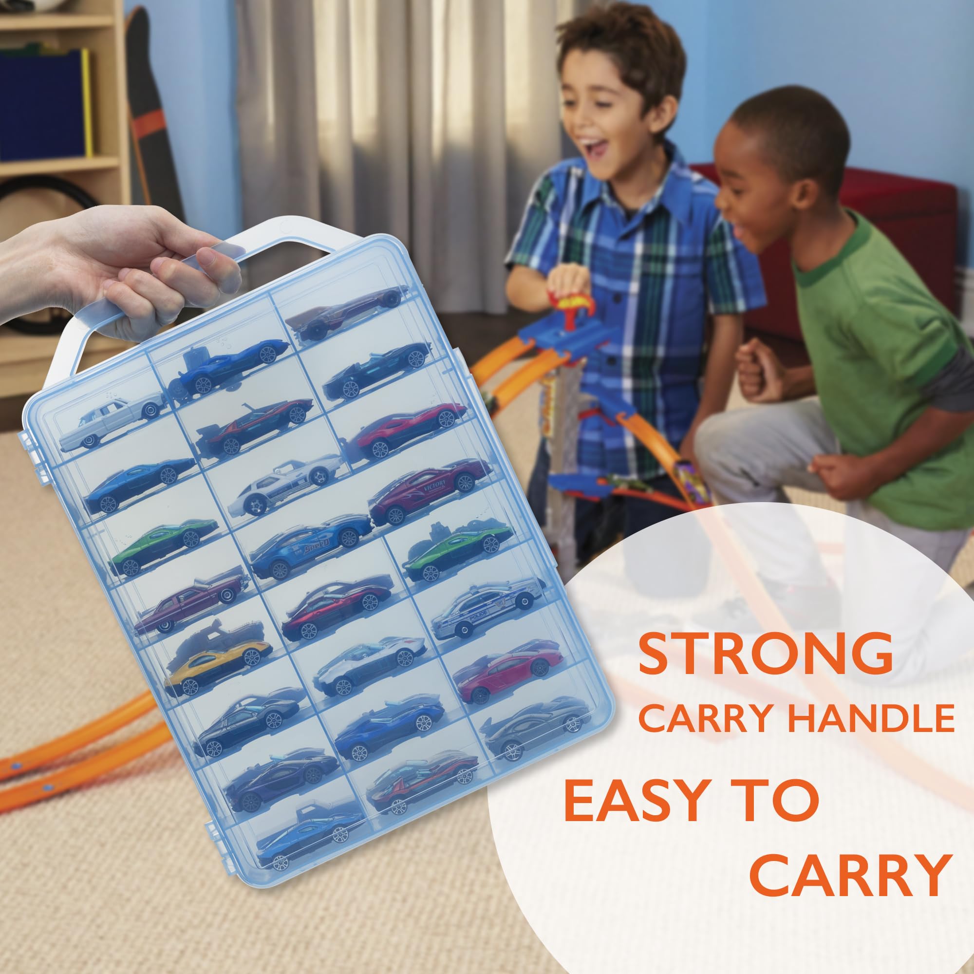 KISLANE Double Sided Car Storage Case for 48 Matchbox Cars, Mini Toys & Small Dolls - Portable Transparent Organizer with 48 Slots (Blue) | Perfect for Kids' Toy Storage, Travel & Playroom Organization
