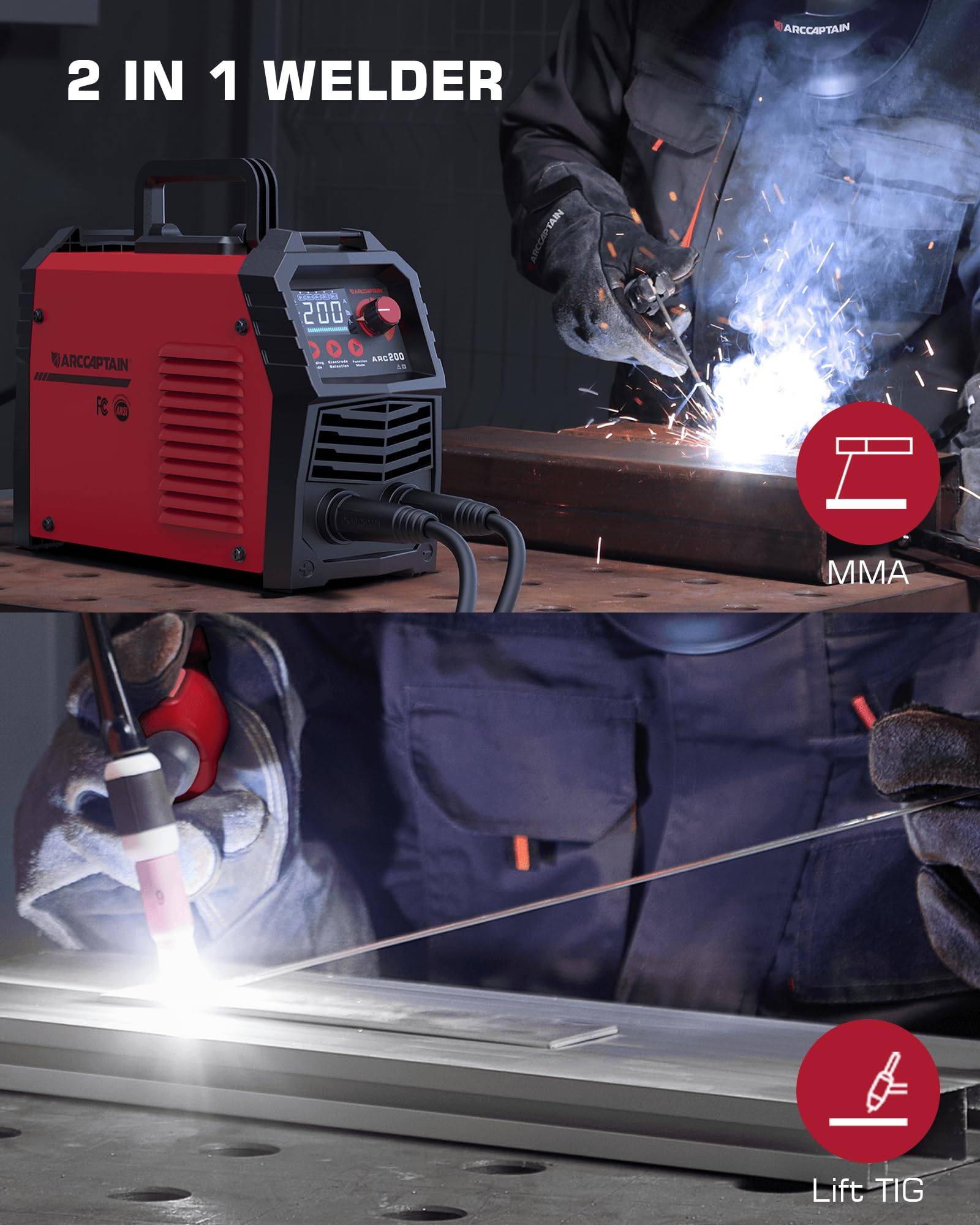 ARCCAPTAIN 200A IGBT Inverter Stick Welder - 110V/220V Portable MMA Welding Machine with Synergic Control, Large LED Display, Hot Start, Arc Force & Anti-Stick - Ideal for DIY Projects, Metal Fabrication, Auto Repair and Home Maintenance
