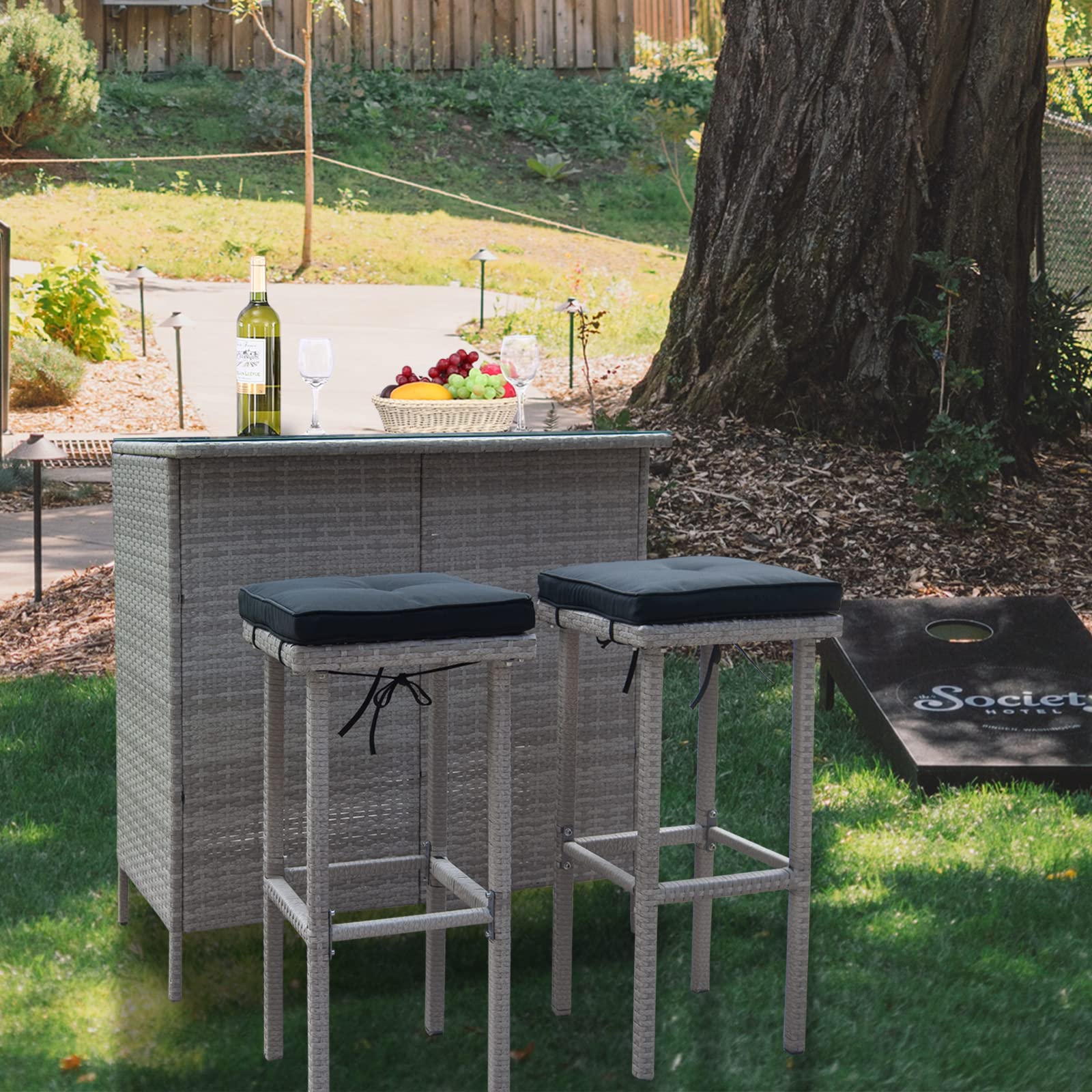 **Polar Aurora 3-Piece Patio Bar Set with Stools & Glass Top Table – Outdoor Wicker Furniture with Removable Cushions – Perfect for Backyards, Porches, Gardens & Poolside (Black & Gray) – Ideal for Entertaining, Relaxing & Outdoor Dining**