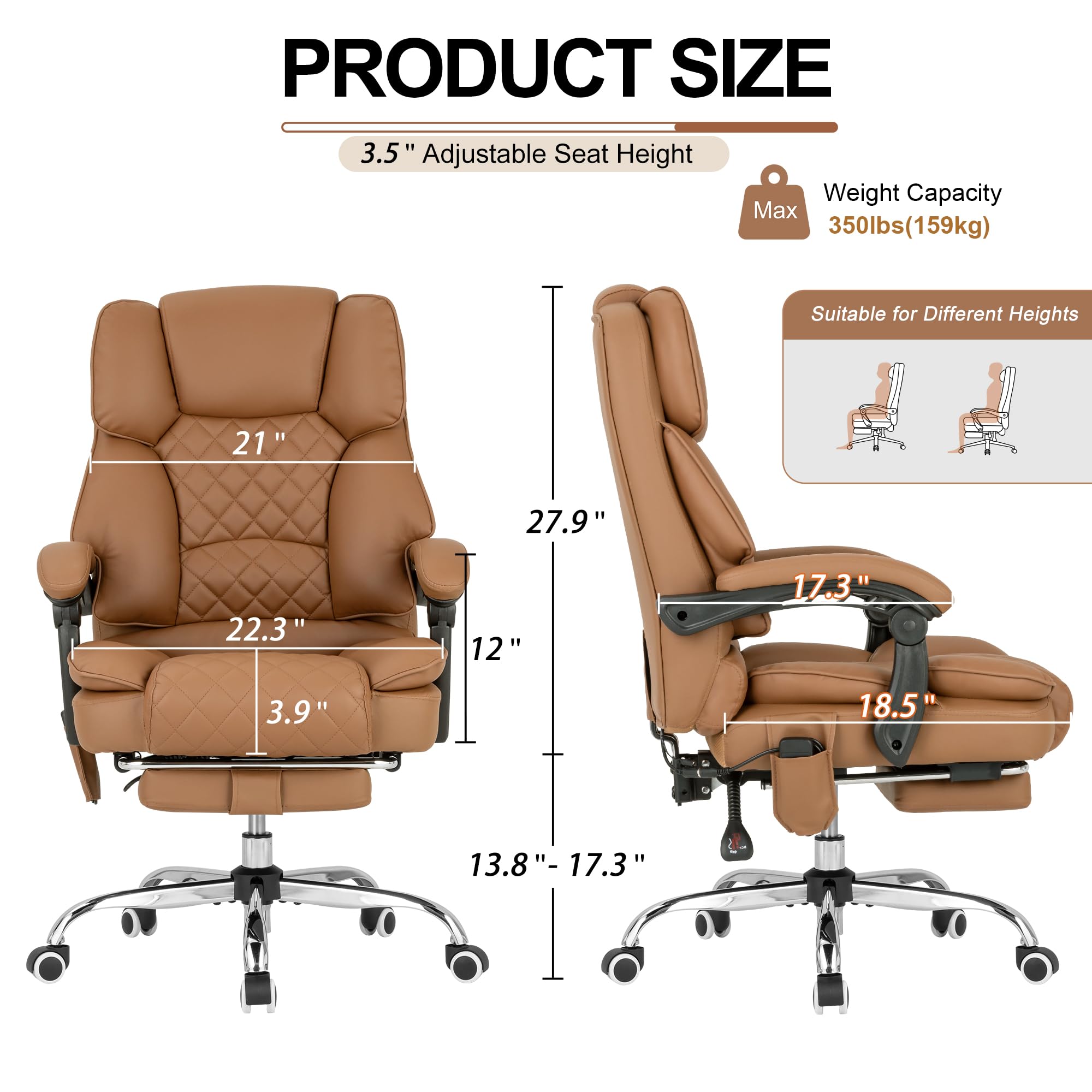 Premium Heated Kneading Massage Executive Office Chair - 90-135° Reclining with Footrest - Ergonomic Computer Desk Chair with Lumbar Support - Diamond-Stitched Leather Office Chair (Brown) - Perfect for Home Office, Gaming & Relaxation