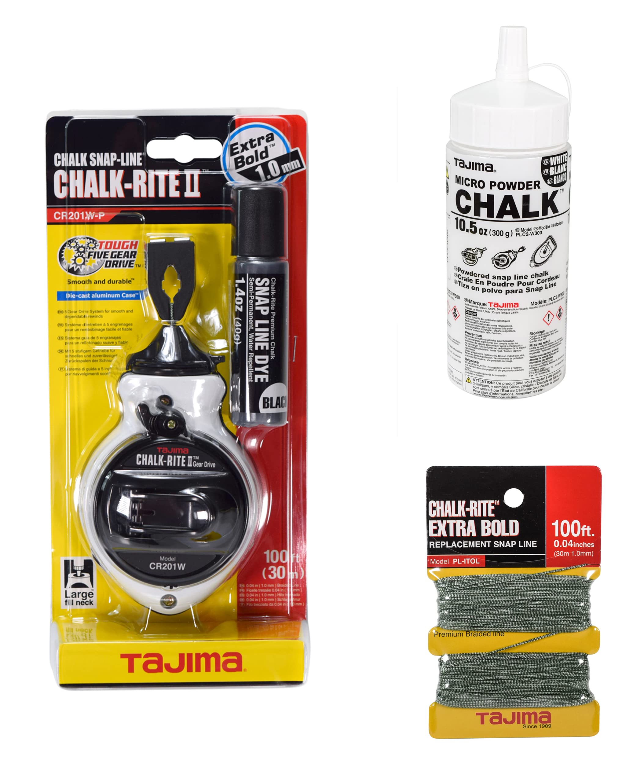 Tajima Chalk-Rite II Extra Bold 1mm Snap Line with Braided Replacement Line & 10.5oz Ultra-Fine White Chalk - Perfect for Construction, Masonry, and DIY Marking Projects