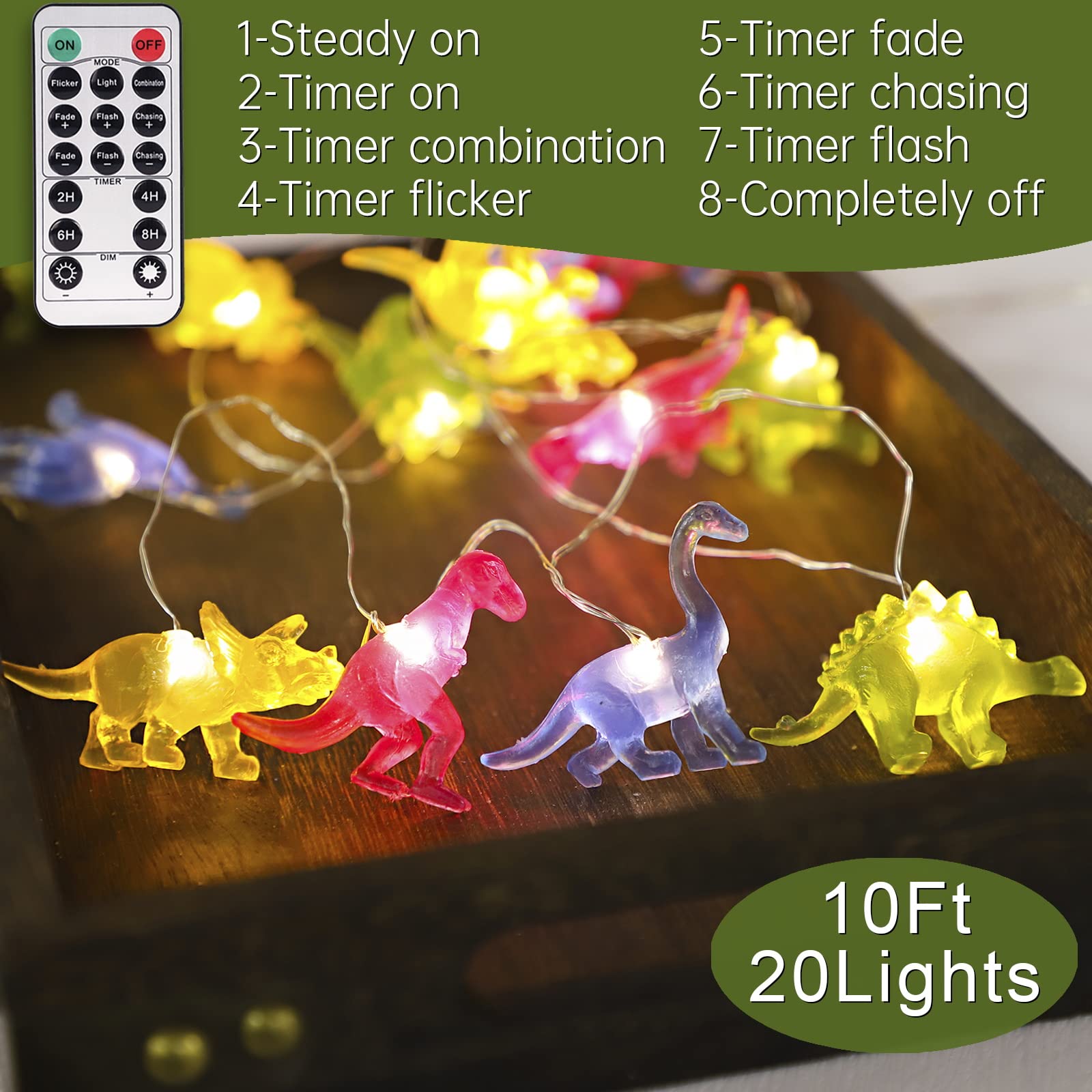 Dinosaur String Lights with Remote & Timer - 20 LED 10FT Battery Operated Dino Fairy Lights for Kids Room Decor, Boys Birthday Party & Holiday Decorations | Perfect for Nursery, Bedroom, Christmas Tree, Halloween, Outdoor Patio