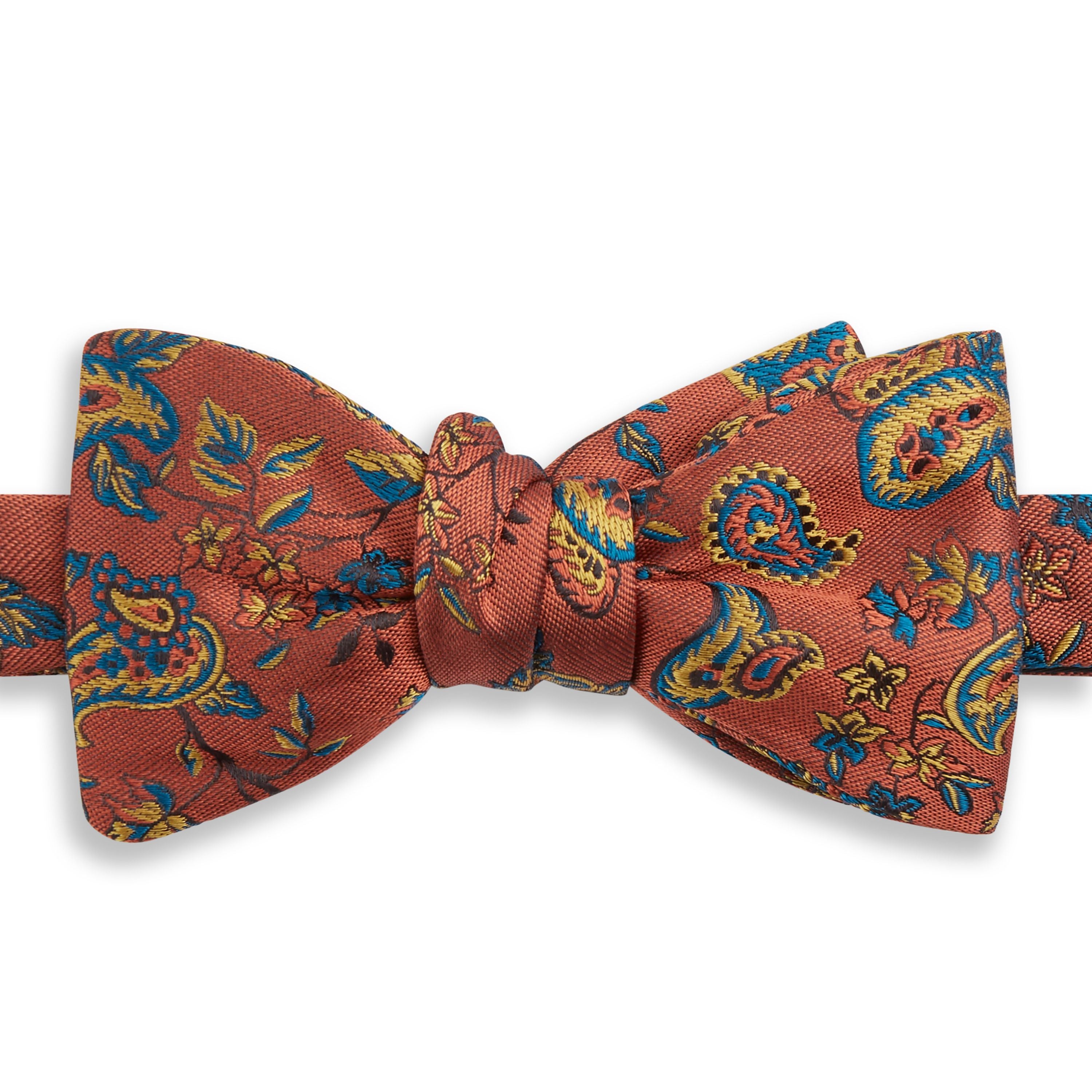 Stylish Orange and Blue Paisley Floral Woven Silk Bow Tie for Men - Perfect for Weddings, Prom, Formal Events & Vintage Fashion