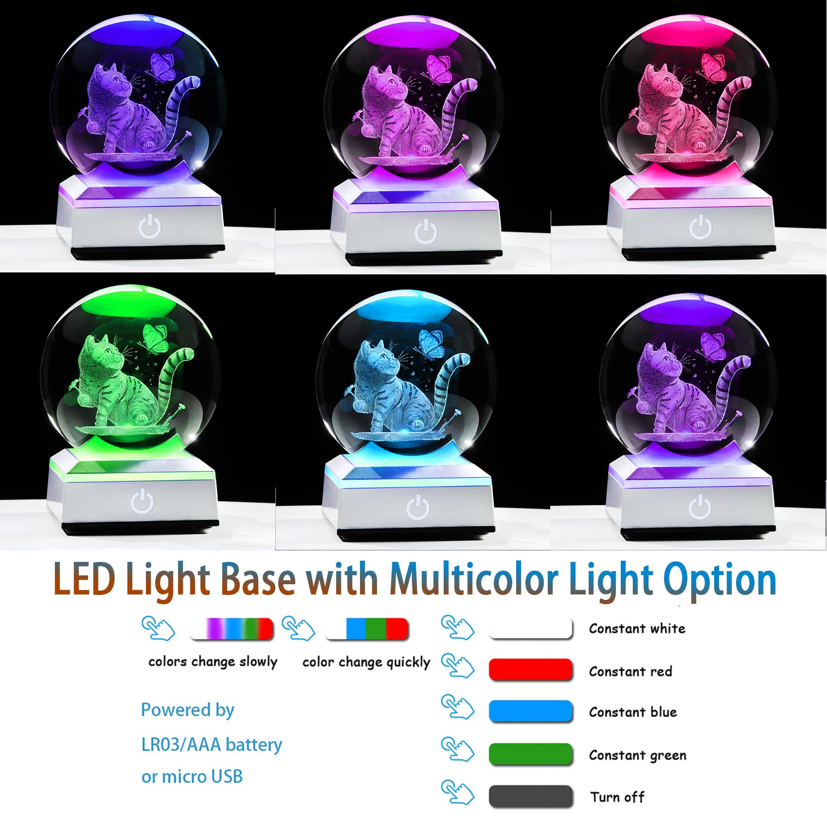 3.15in Crystal Ball Cat Night Light with LED Base - Engraved Cat & Butterflies Design - Perfect Gift for Women, Mom, Cat Lovers - Mother's Day, Birthday, Home Decor - Ideal for Bedroom, Nursery, Office Desk