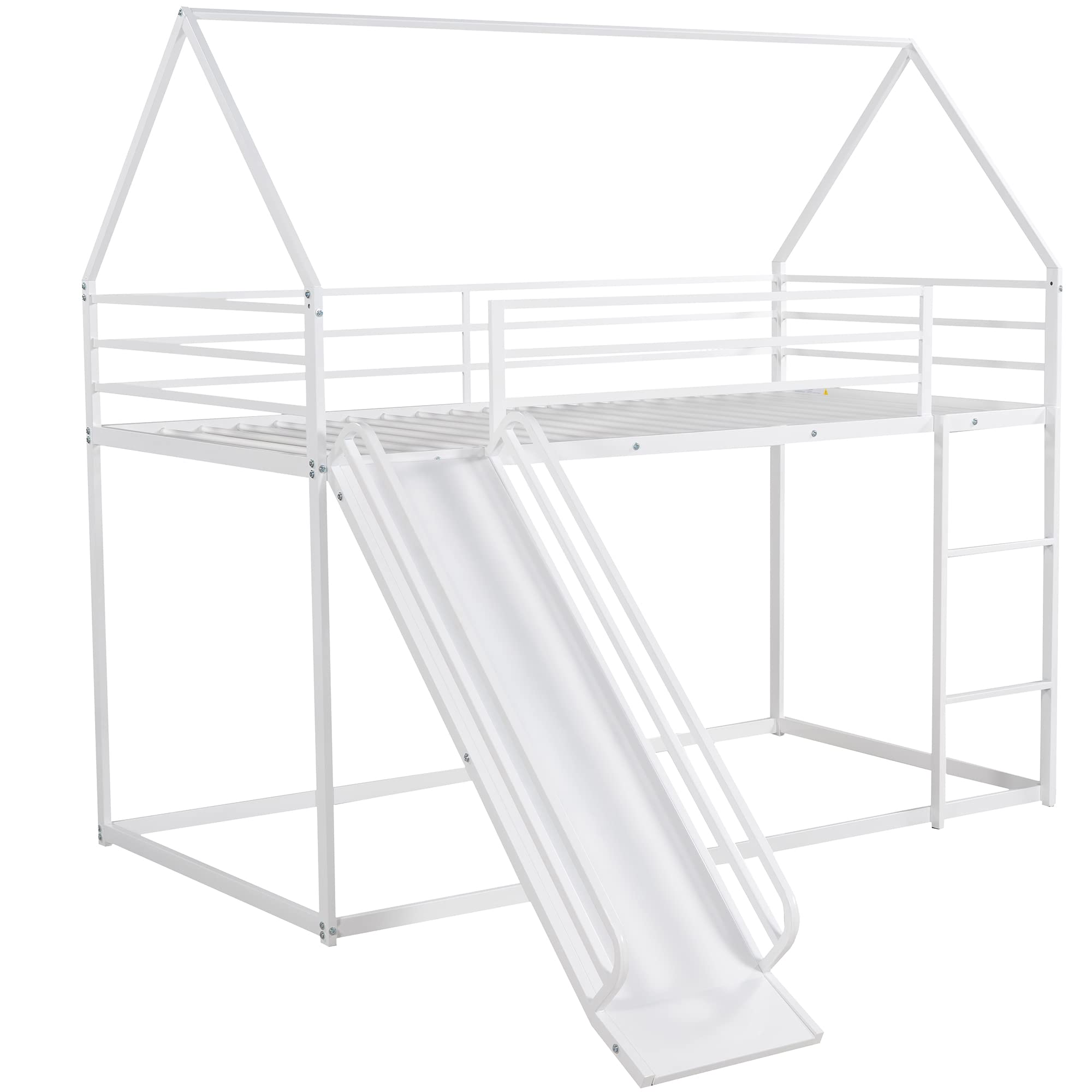 Twin Over Twin Bunk Bed with Slide - Metal Bunk Bed with Convertible Ladder & Safety Guardrails - Kids Bunk Bed with Roof & Low Floor Design - Perfect for Boys & Girls Bedrooms, Playrooms or Vacation Homes - White