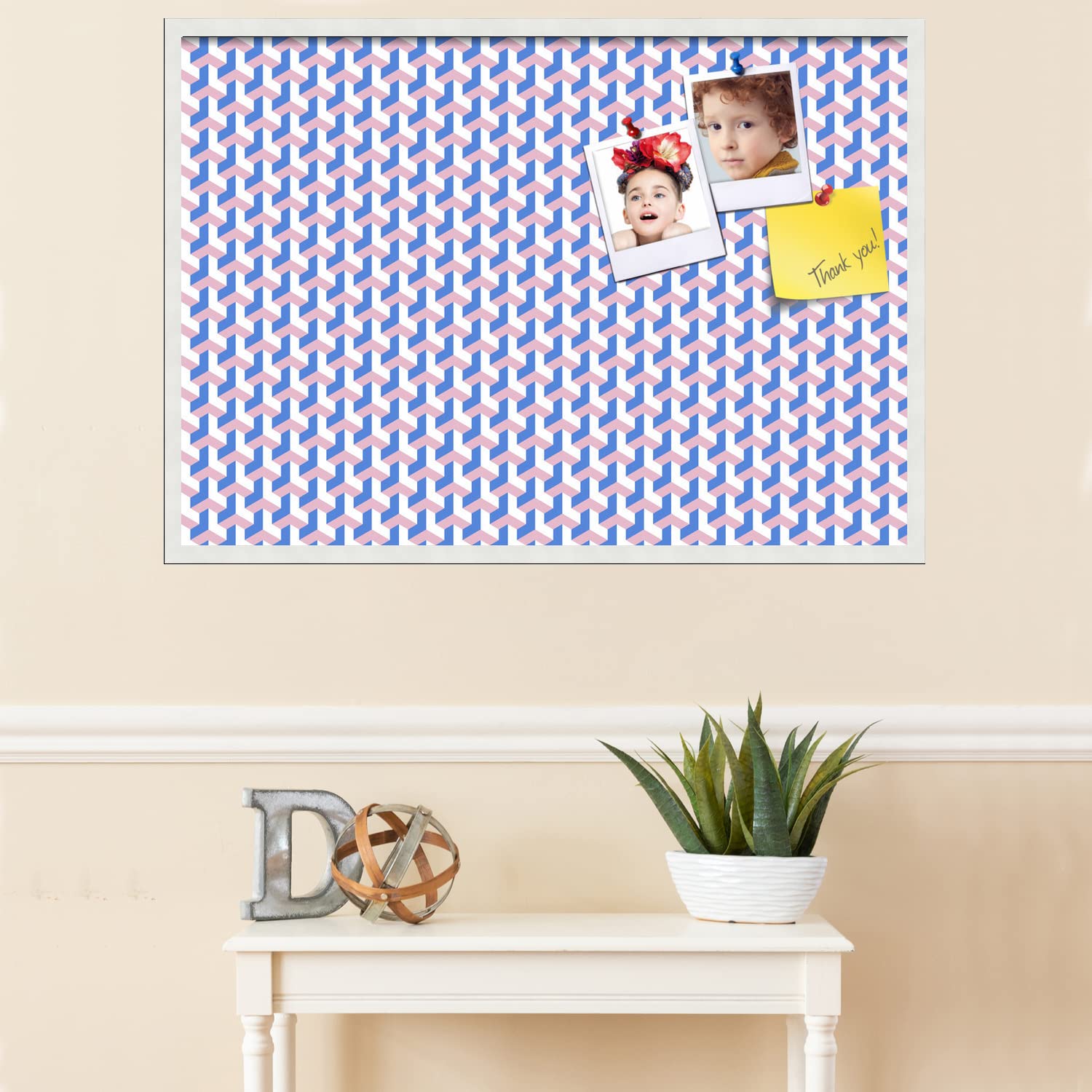 PinPix 40x28 Inch Cork Bulletin Board with Blue Pink Design & White Frame - Decorative Framed Pin Board for Home Office School Decor - Perfect for Notes, Photos, Reminders & Wall Organization