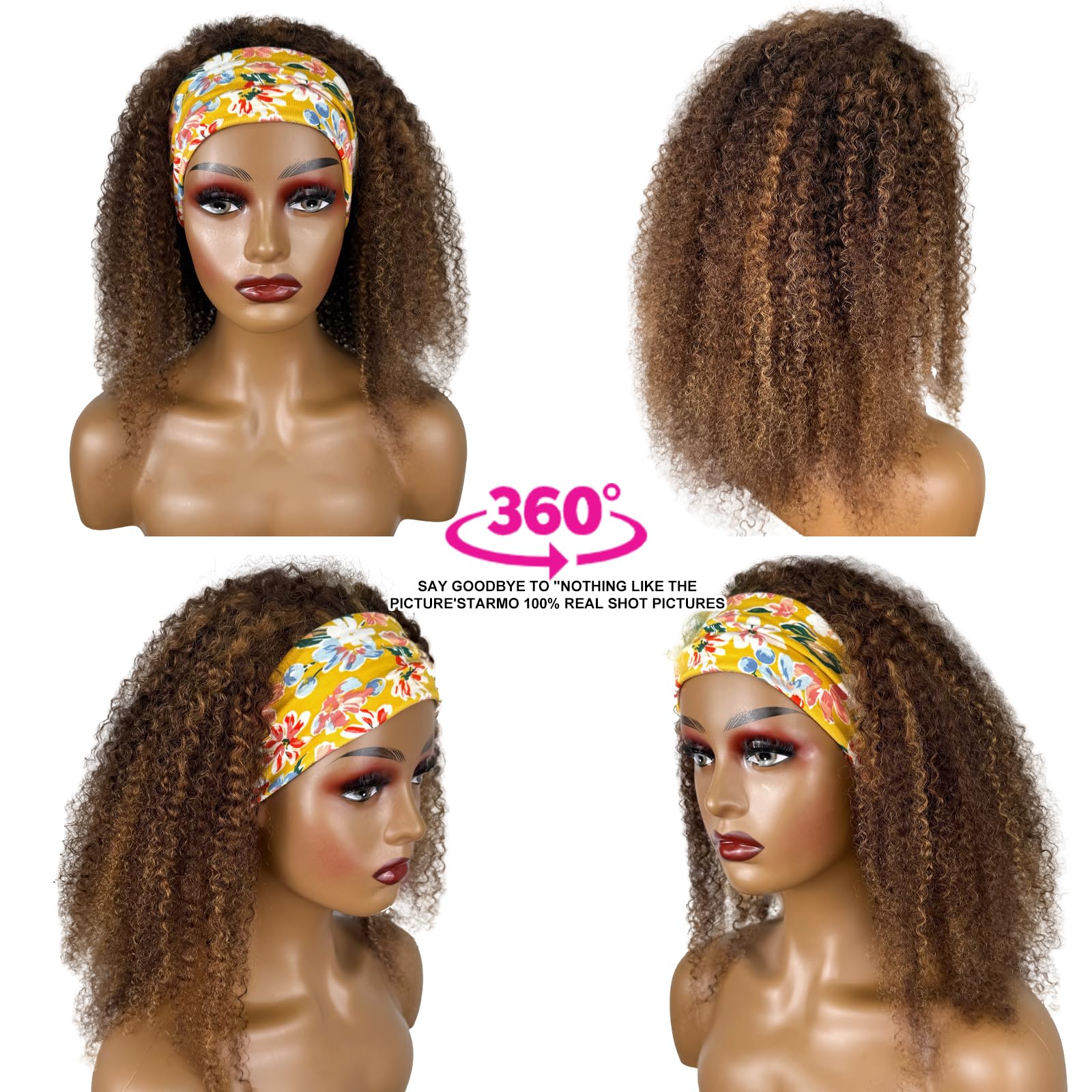 Ombre Highlight Headband Wig Human Hair #4/27 Colored Kinky Curly Glueless Lace-Free Wig for Black Women - Brazilian Virgin Hair 150% Density 26 Inch - Perfect for Daily Wear, Parties & Protective Styling