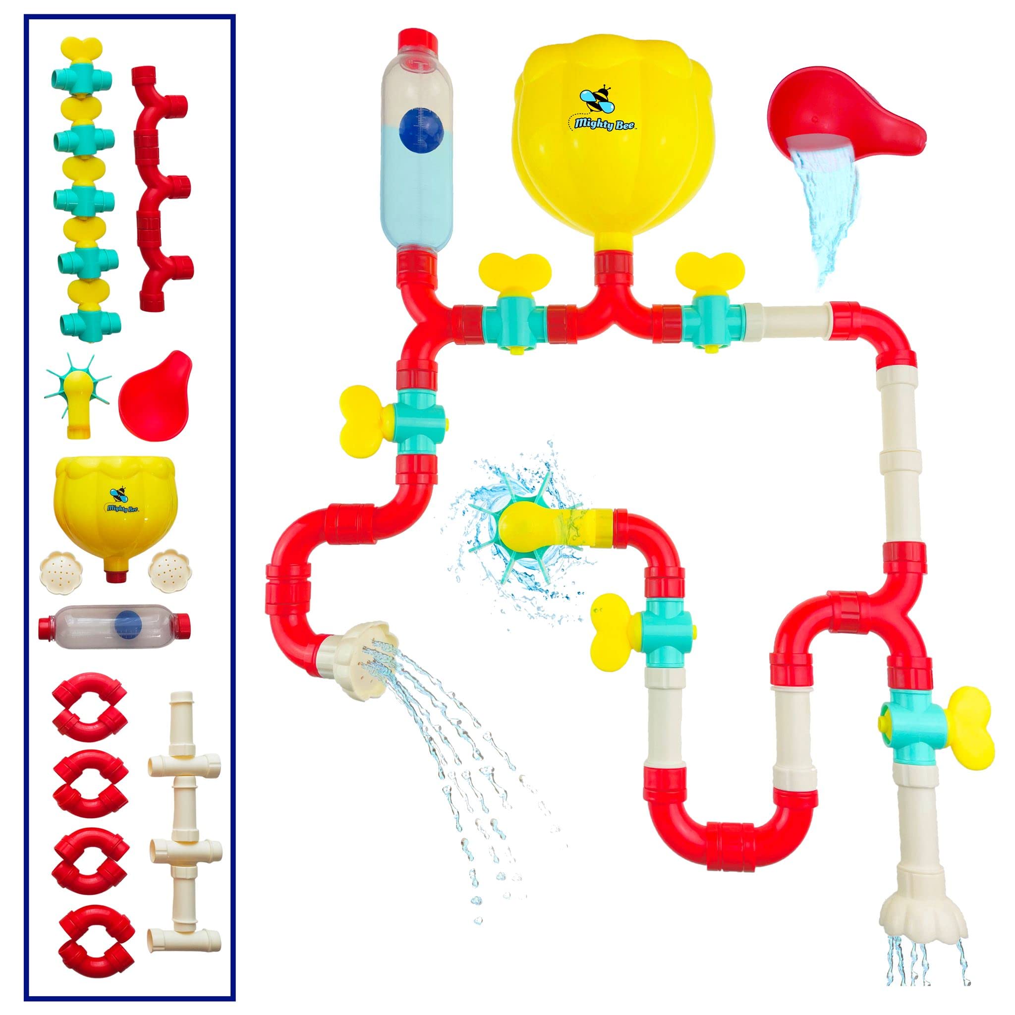 Mighty Bee Bath Toys Expansion Set - 31 Piece Pipes & Valves STEM Building Kit for Kids Ages 4-8 | Water Play Learning Toys with Super Suction Cups | Perfect for Shower, Bath Time & Outdoor Water Table Fun