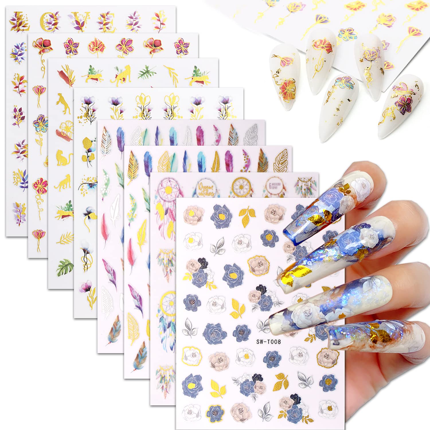 Fall Flower & Feather Nail Art Stickers - 8 Sheets Self-Adhesive Nail Decals for Women & Girls - Perfect for Autumn Nail Designs, Halloween Decorations & Party Manicures