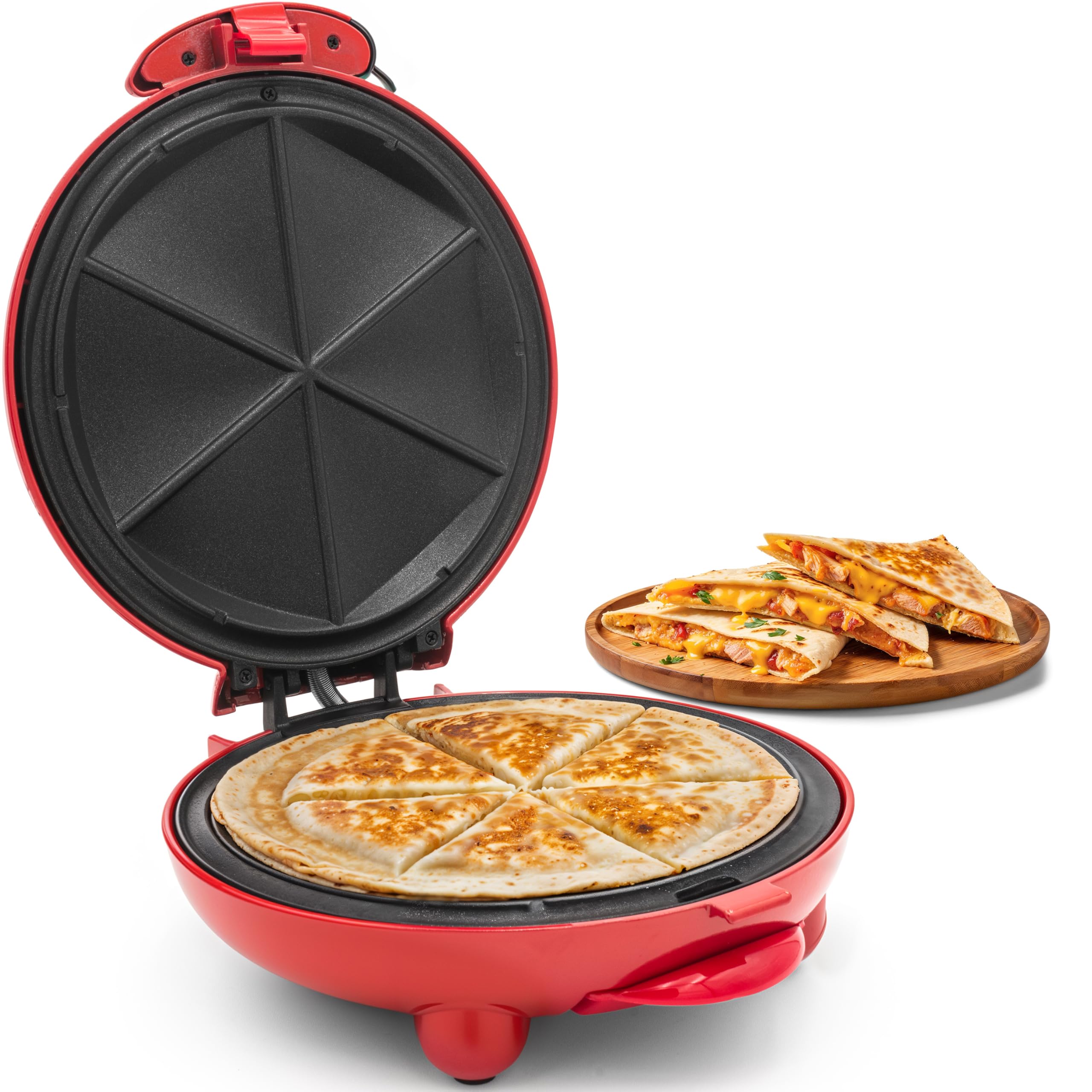 Elite Gourmet EQD-413 8-Inch Electric Quesadilla Maker with Non-Stick Surface - 6-Wedge Easy Slice Design for Perfect Grilled Cheese, Corn Flour Tortillas & Snacks (Red) - Ideal for Parties, Quick Meals & Mexican Cuisine at Home