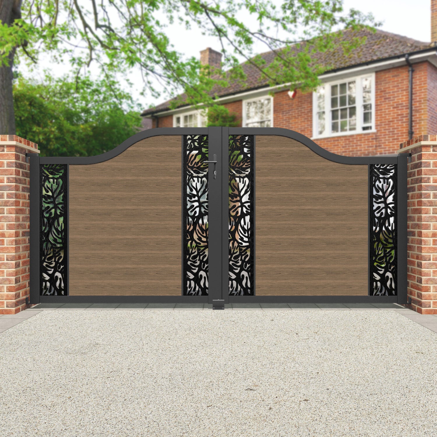 Classic Teak Wood Curved Top Driveway Gate with Middle & End Screen - Elegant Garden Entrance for Homes & Estates