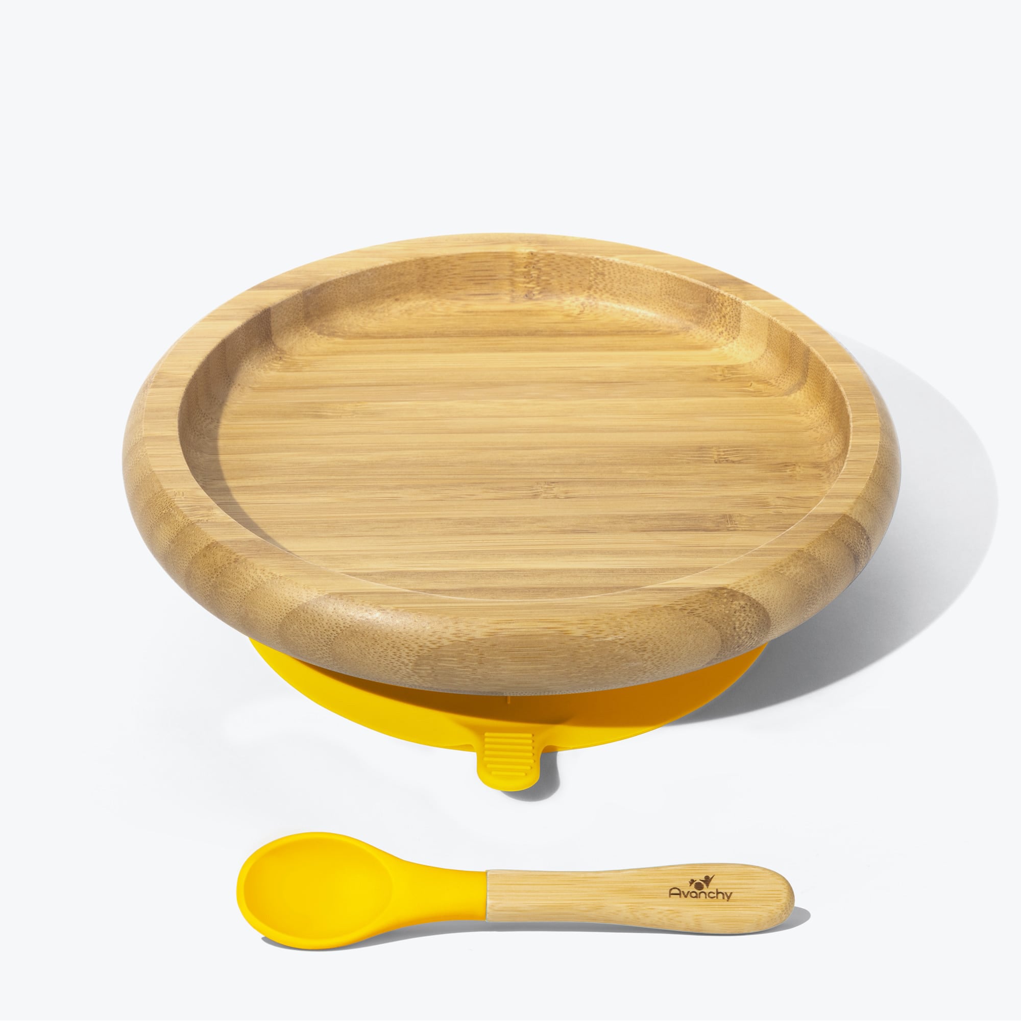 Avanchy Eco-Friendly Bamboo Suction Baby Plate with Spoon - BPA-Free, Non-Slip Toddler Feeding Dish in Yellow - Perfect for Home, Travel & Daycare Use