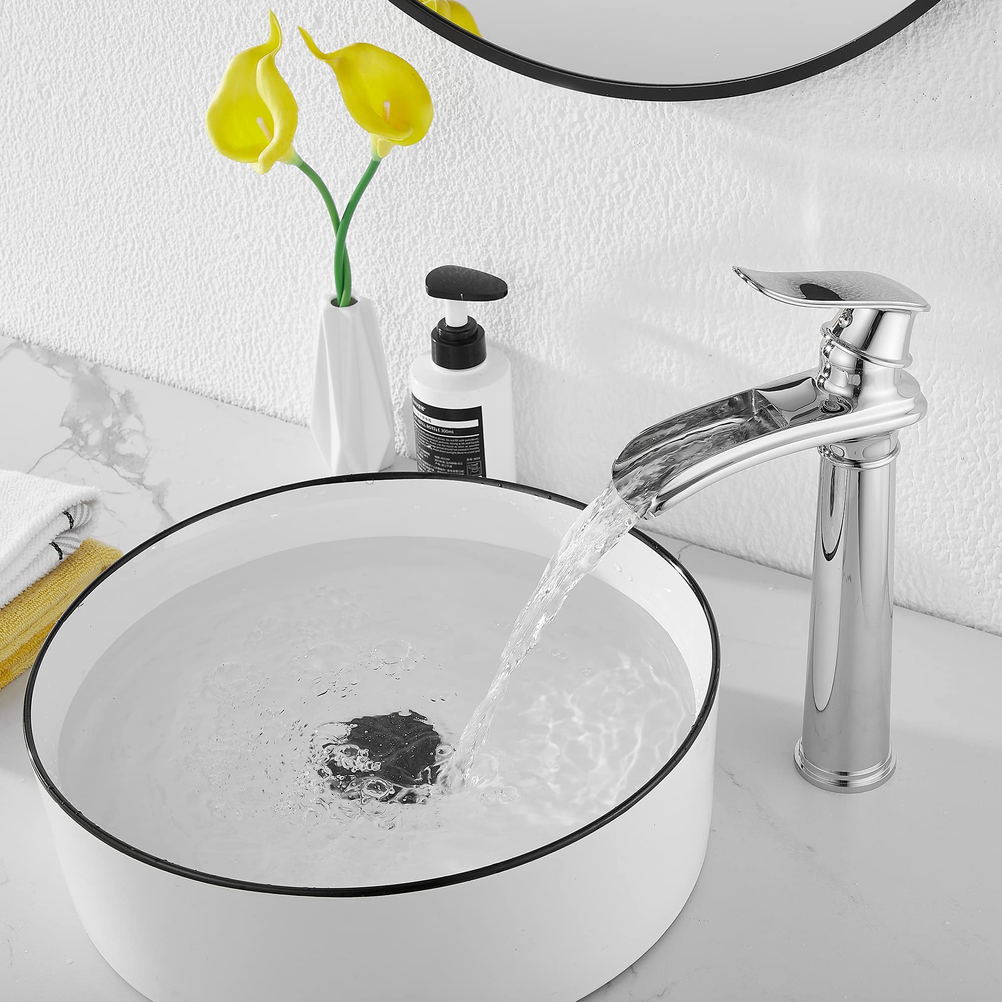 GGStudy Chrome Waterfall Single Handle Bathroom Faucet - One Hole Vessel Sink Faucet with Pop Up Drain for Farmhouse Style Bathroom | Perfect for Modern & Rustic Bathroom Decor