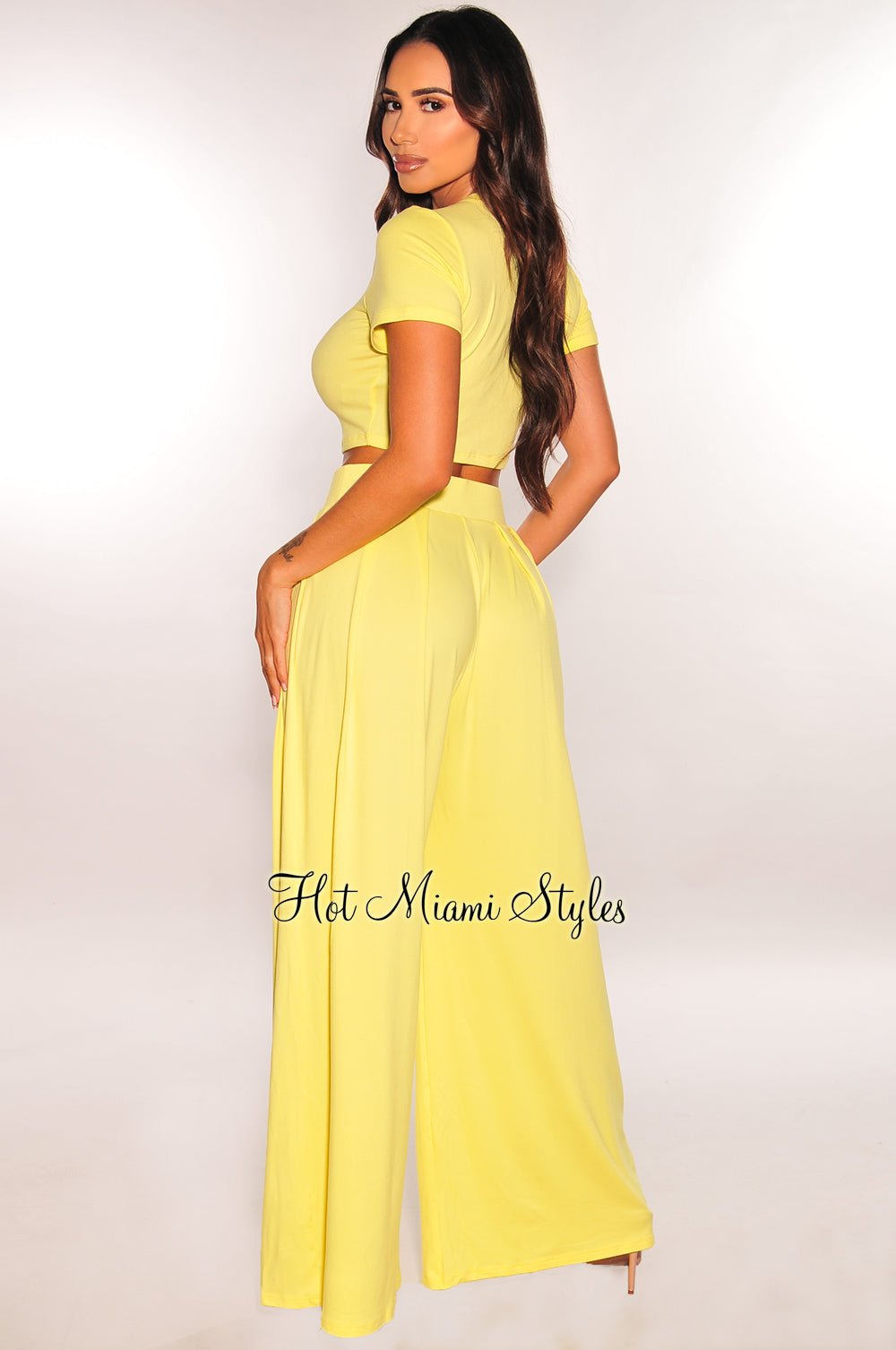 Yellow Short Sleeve Crop Top & High Waist Pleated Wide Leg Pants Set - Summer Casual Outfit for Women, Beach Vacation, Streetwear Fashion