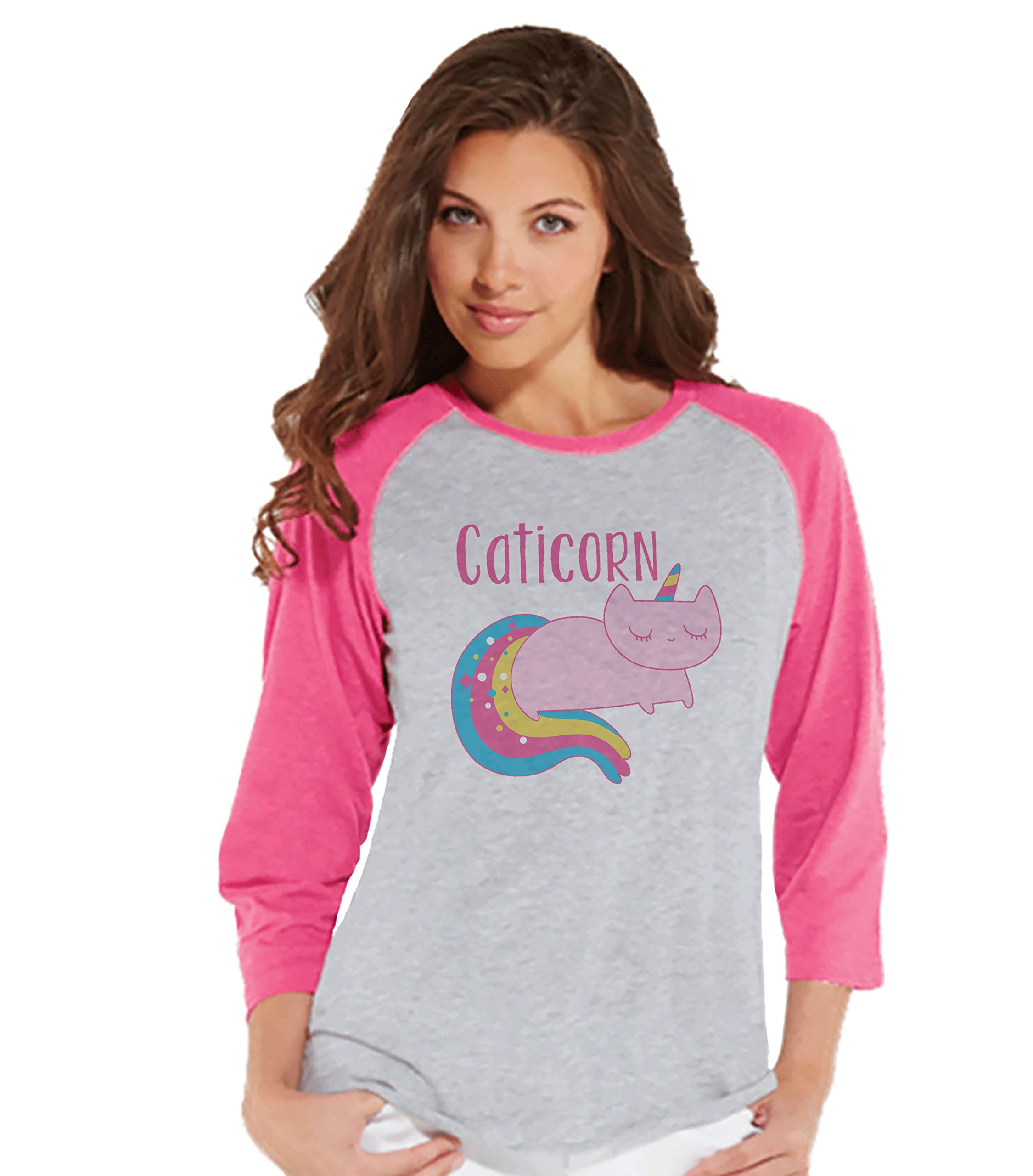 7 ate 9 Apparel Women's Cat & Unicorn Graphic Raglan Tee Shirt - Casual Streetwear for Cat Lovers & Unicorn Fans