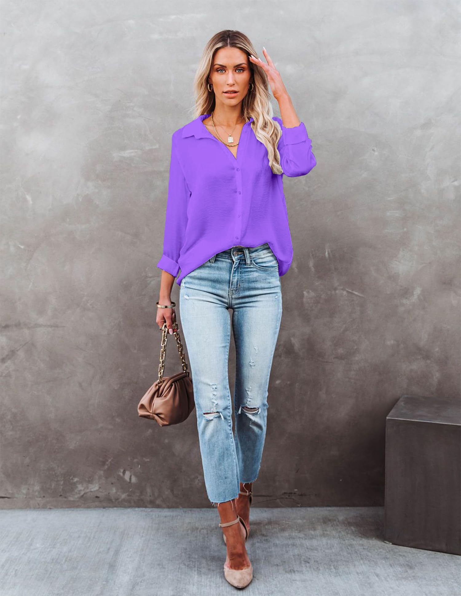 Diosun Women's Button Down V-Neck Shirts - Long & Short Sleeve Office Casual Blouses - Business Tops for Work, Meetings & Everyday Wear
