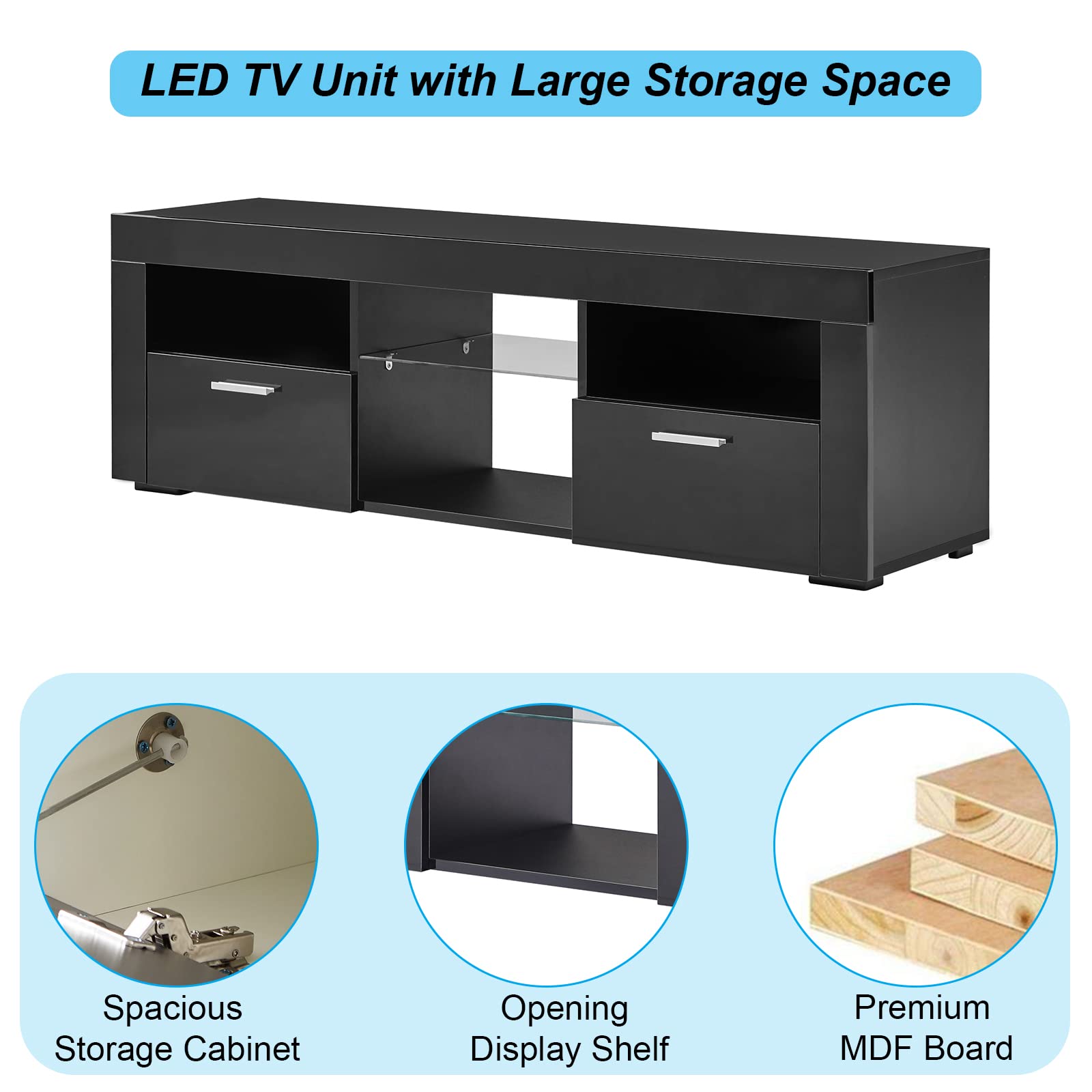 16 Color Changing LED TV Stand with Storage Cabinet - High Glossy Finish Entertainment Center for Living Room (51