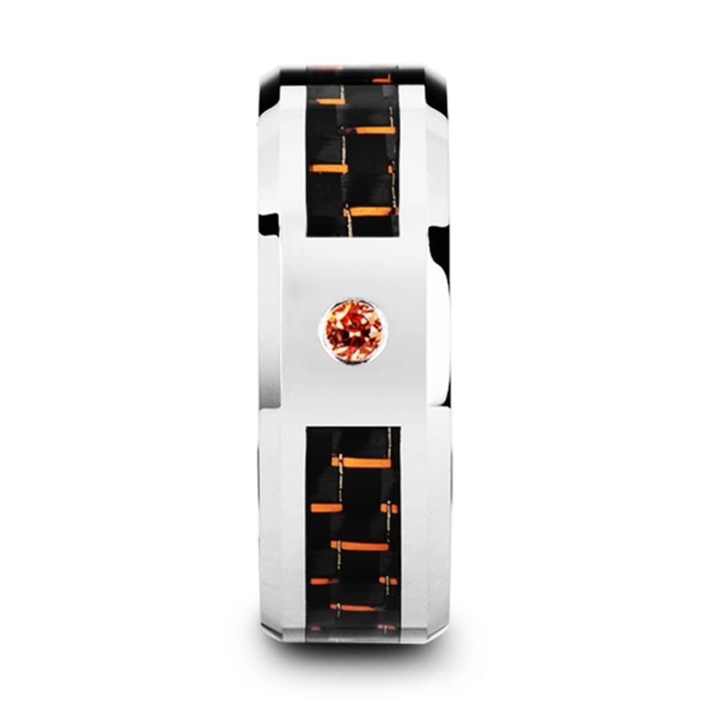 Roy Rose Jewelry Men's Tungsten Black & Orange Carbon Fiber Wedding Band with Padparadscha Gemstone - 8mm Polished Comfort Fit Ring - NOAH Style - Perfect for Engagement, Anniversary & Special Occasions